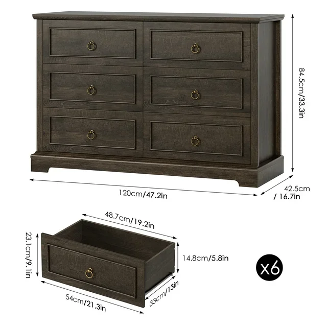 Homfa Double Dresser with 6 Drawers, 47'' Wide Chest of Drawers for Bedroom, Storage Cabinet for Living Room, Dark Brown