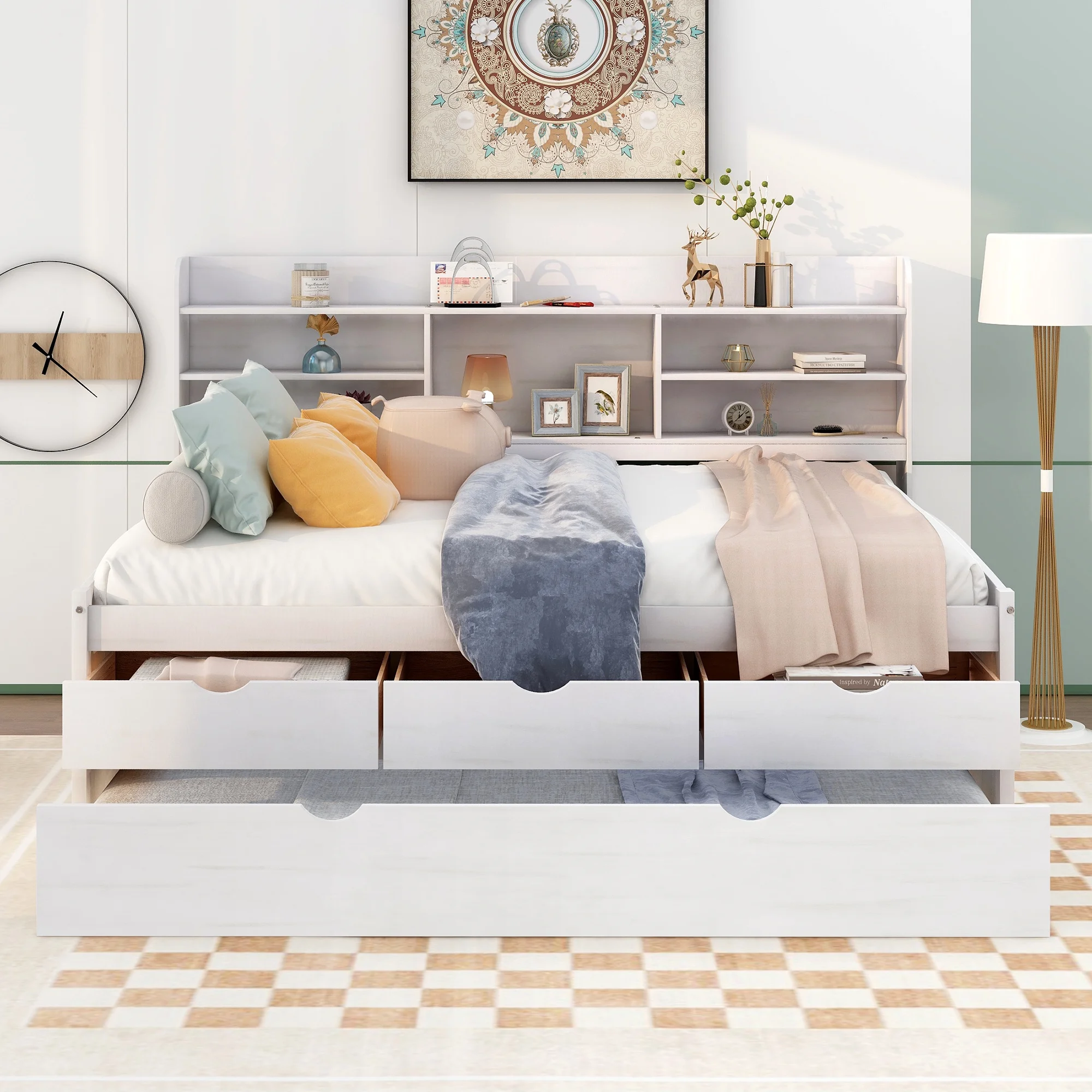 CoSoTower Full Size Wooden Captain Bed with Built-In Bookshelves,Three Storage Drawers and Trundle,White