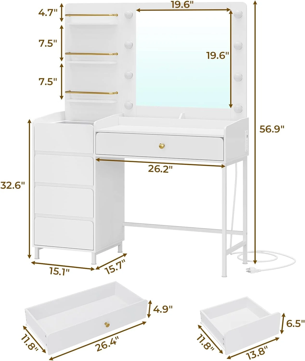 Afuhokles Vanity Desk with Lighted Mirror and Charging Station, Makeup Vanity Table with 5 Drawers, Visual Drawer, White
