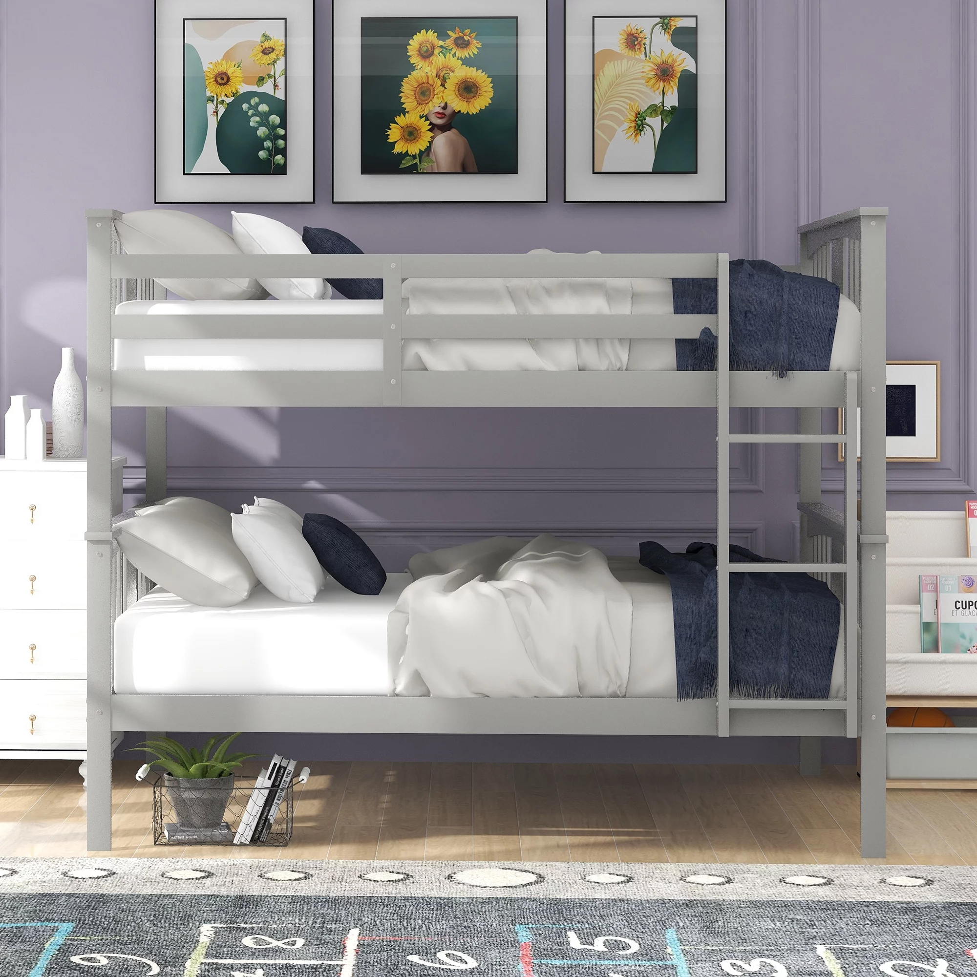 Full-Over-Full Bunk Bed with Ladder and Guard Rail, Pine Wood Frame for Kids, Teens, Boys and Girls, No Box Spring Needed