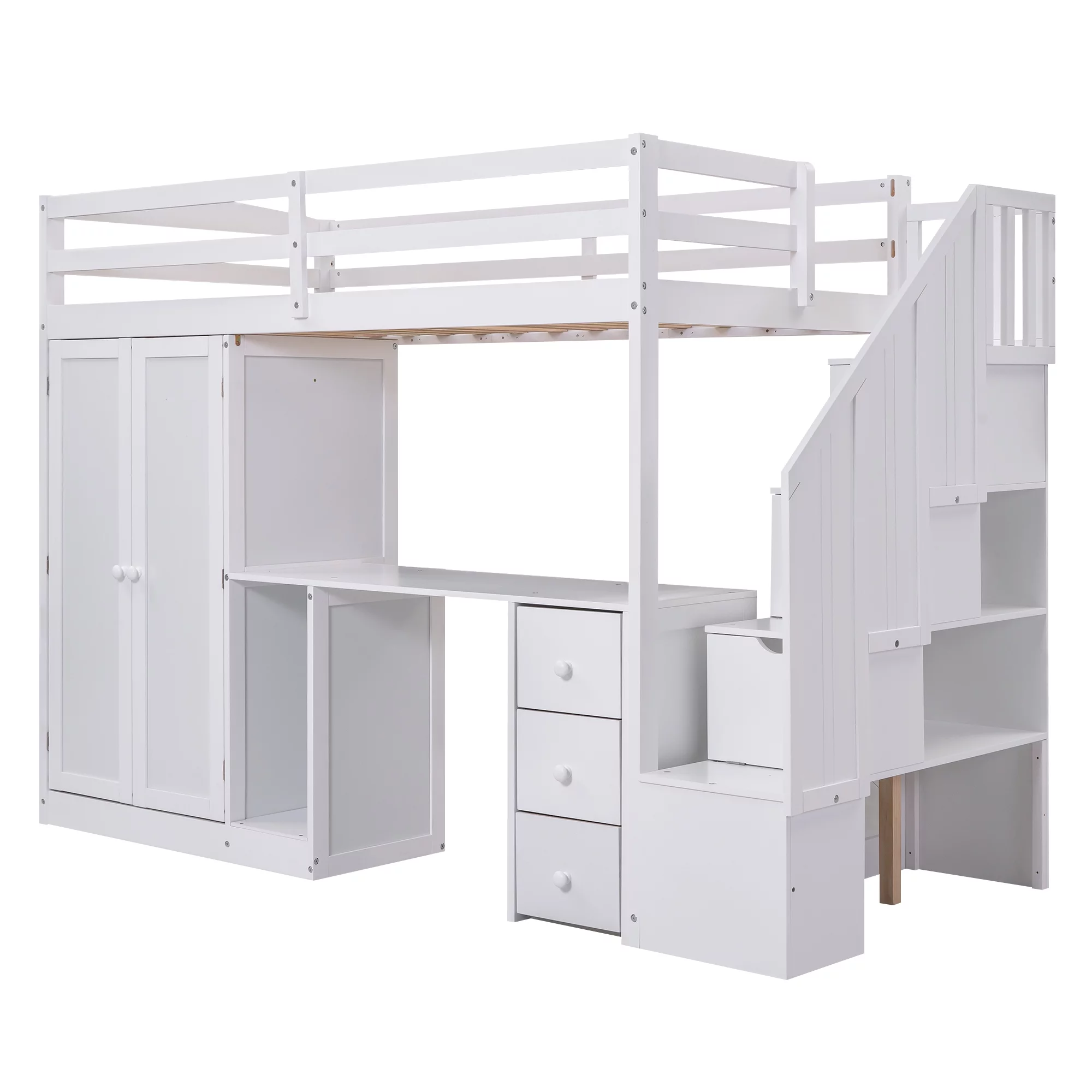 Euroco Twin Size Pine Wood Loft Bed with Desk, Drawers and Wardrobe for Kids Room, Storage Staircase, Sapce-Saving Shelf, White