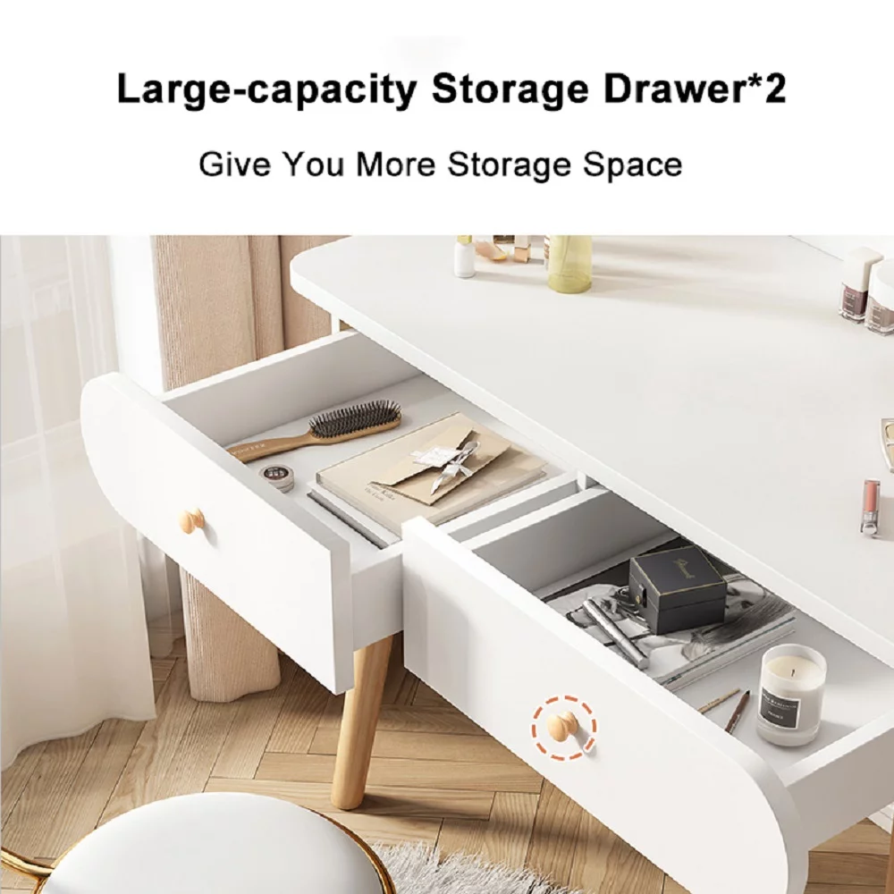 ANJORALA White Vanity Table Set with Mirror, Modern Makeup Vanity Desk Dressing Table with 2 Drawers & 2 Shelves(Without Stool)