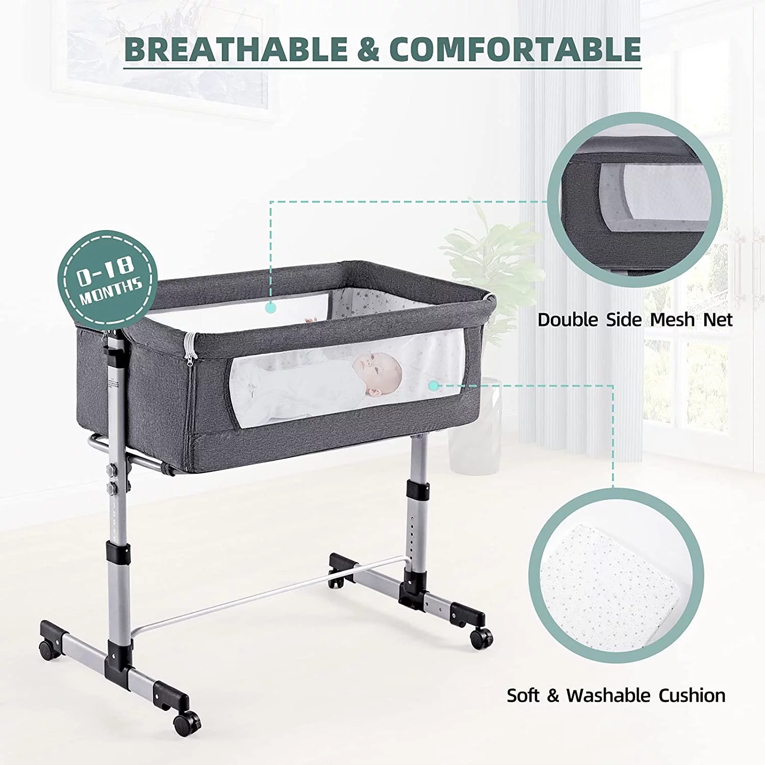 NEWLAKE 3 in 1 Bassinet for Baby, Height Adjustable Bedside Sleeper for Newborn Infant/Baby Boy/Baby Girl (Grey)