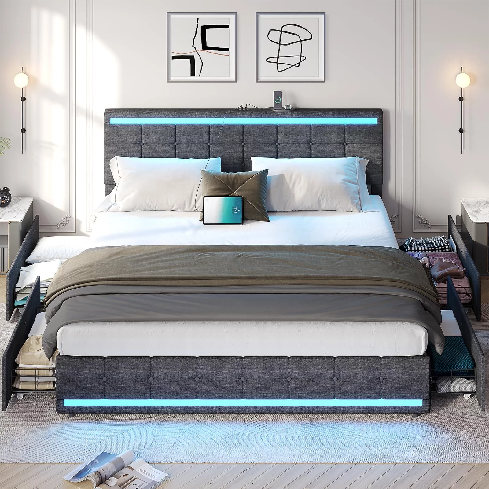 LED Bed Frame King Size Upholstered Platform Bed with 4 Drawers and LED Headboard and 2 USB Ports,Noise-Free, Dark Grey