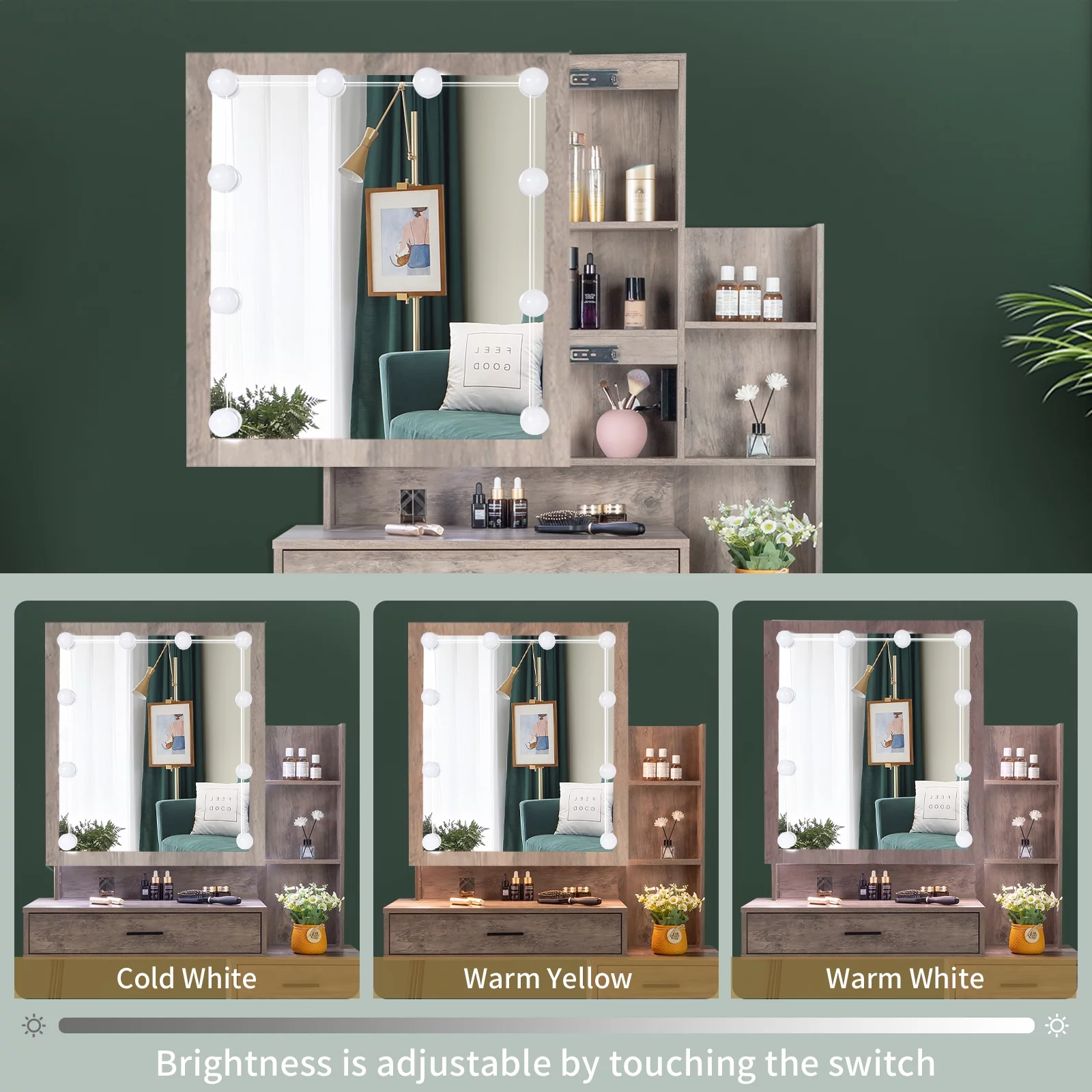 Ktaxon Lighted Vanity Table Set with USB Charging Station, Makeup Dressing Table with Sliding Mirror, Bedroom Vanities Set