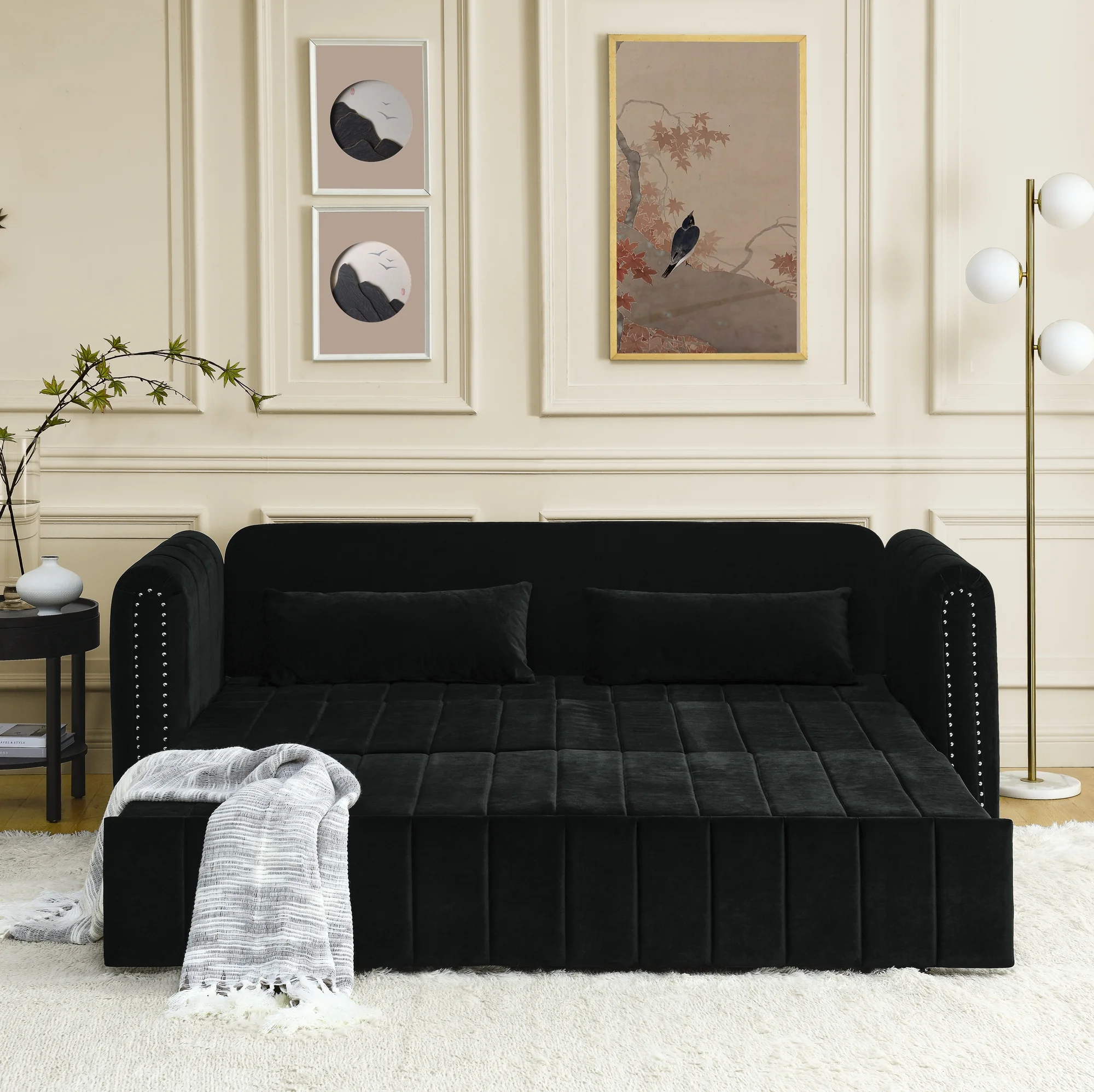 3-in-1 Convertible Sleeper Sofa Bed,Pull-Out Bed Sleeper with Rolled Arms Decorated with Copper Nails,Modern Upholstered 3 Seats Sofabed with Two Drawers and Two Pillows,Black