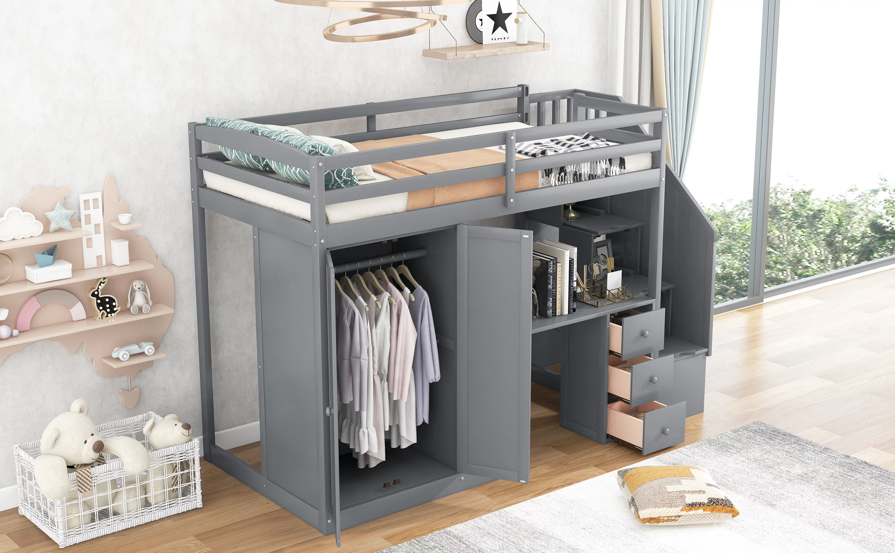 CoSoTower Twin Size Loft Bed With Wardrobe And Staircase, Desk And Storage Drawers And Cabinet In 1, Gray