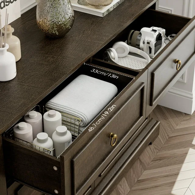 Homfa Double Dresser with 6 Drawers, 47'' Wide Chest of Drawers for Bedroom, Storage Cabinet for Living Room, Dark Brown