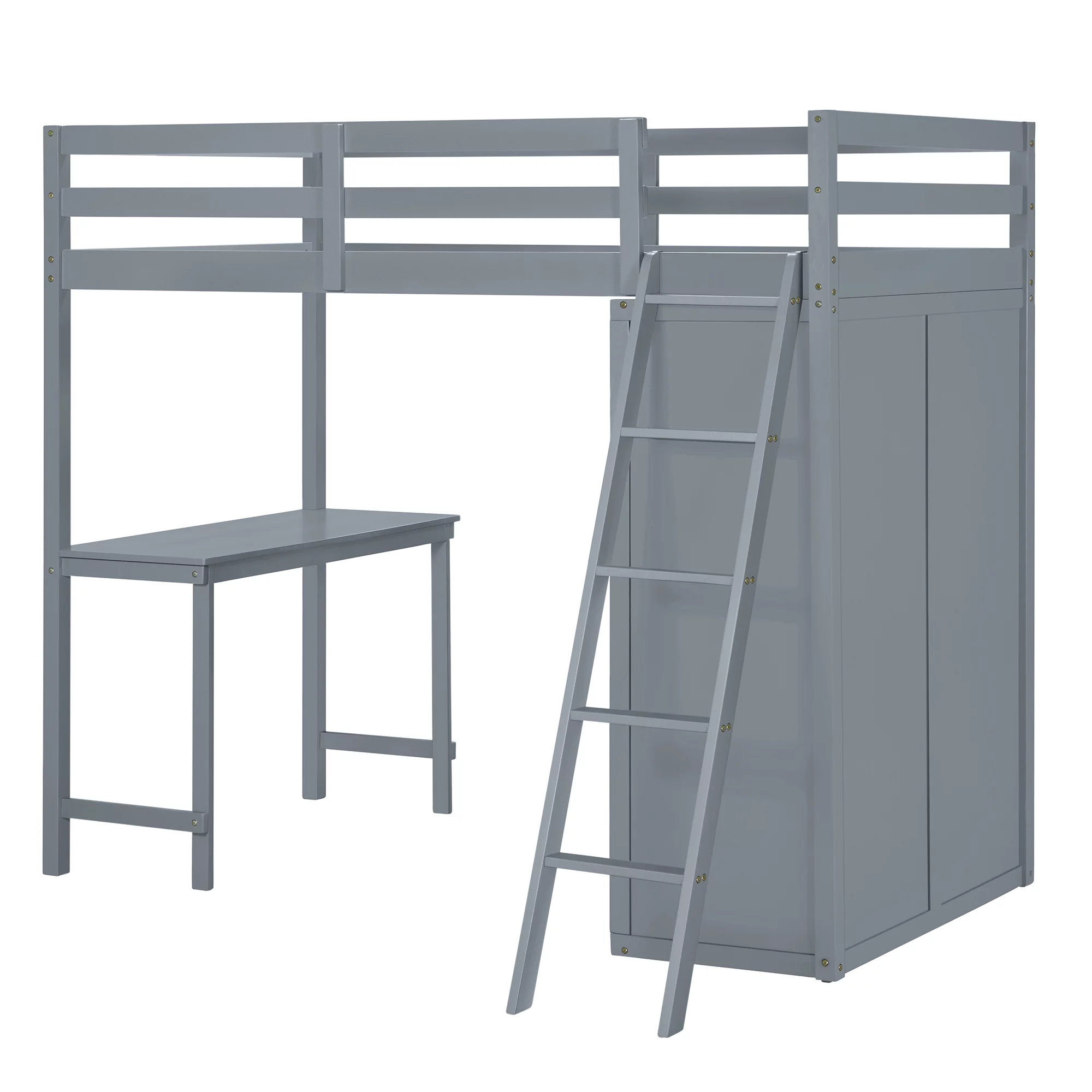 Churanty Twin Size Loft Bed with Wardrobe and Desk for Kids, Wood High Twin Loft Bed Frame with Shelves,Gray