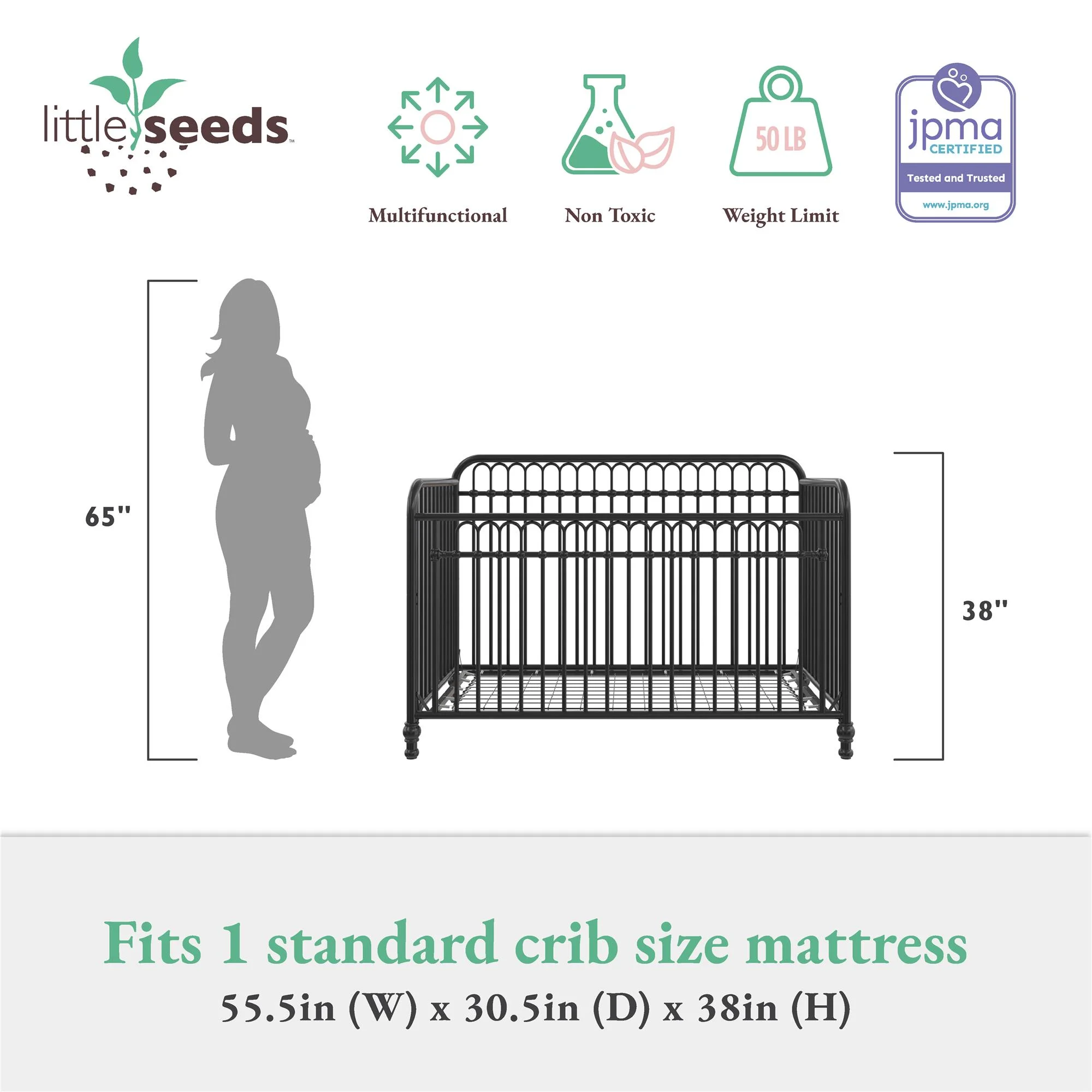 Little Seeds Raven 3-in-1 Convertible Metal Crib, Nursery Furniture, Black