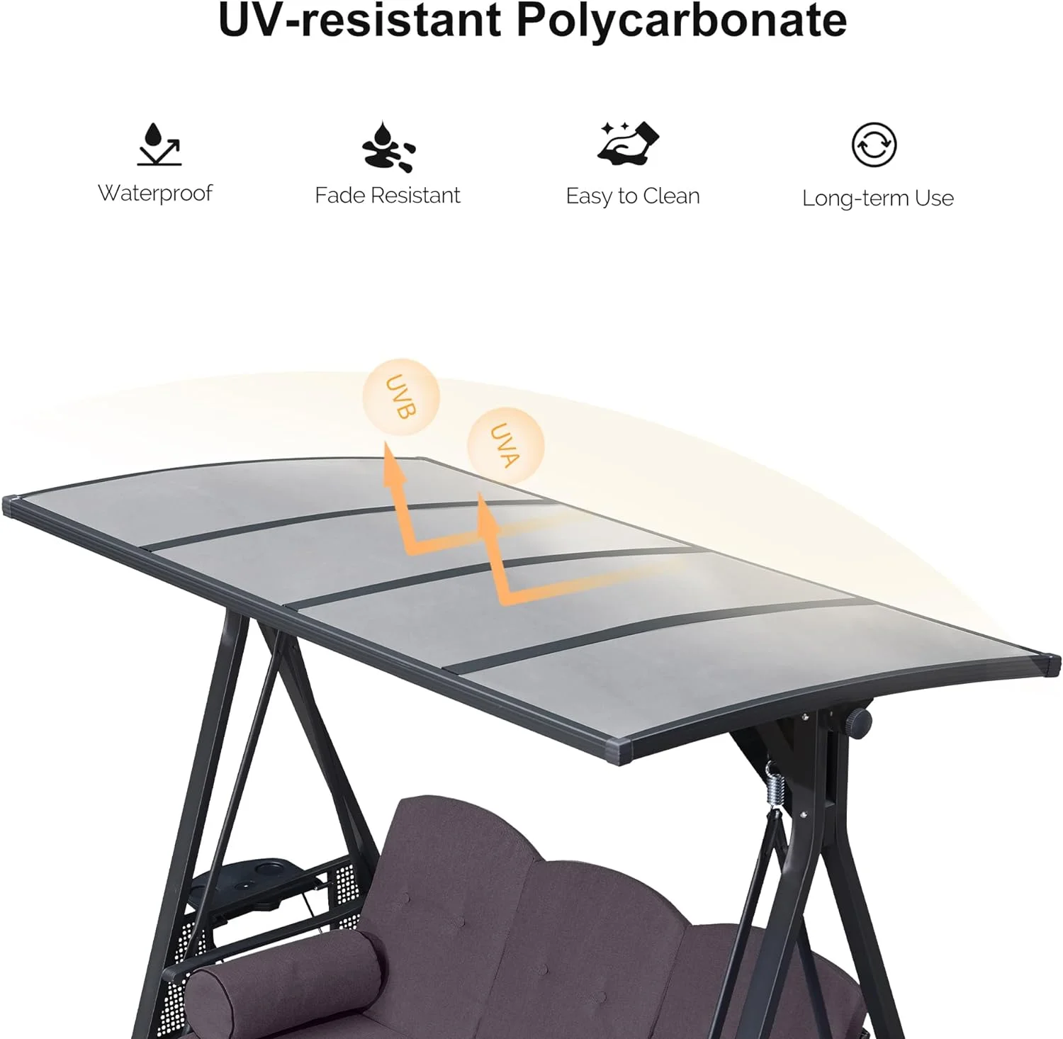 PURPLE LEAF Outdoor Patio Porch Swing with Adjustable PVC Canopy, 3-Seat Swing Chair Bench with Side Cup Holder for Backyard Front Porch Lawn, Cushions and Pillow Included, Grey