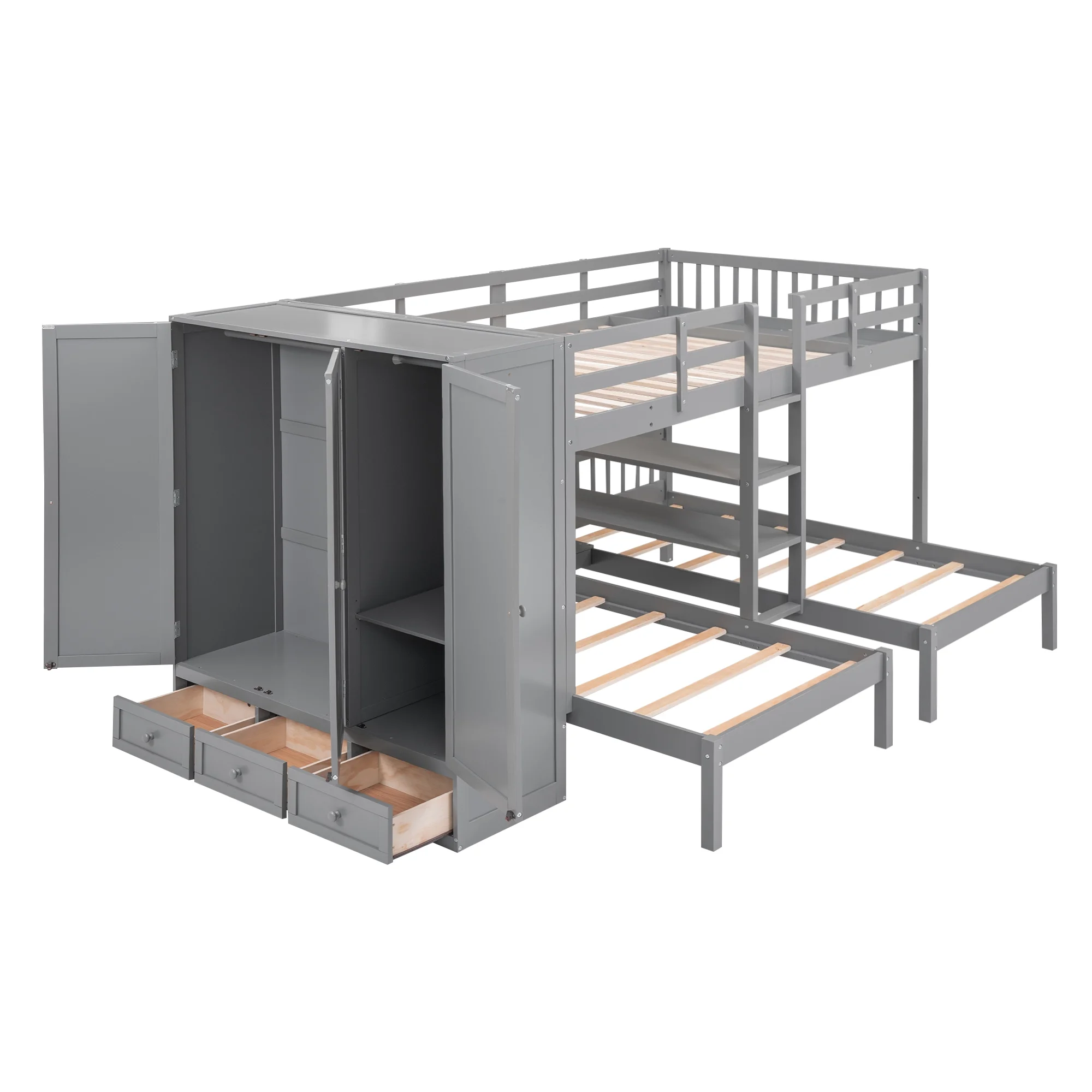 Churanty Full-Over-Twin-Twin Bunk Bed with Shelves, Wardrobe and Mirror, Gray
