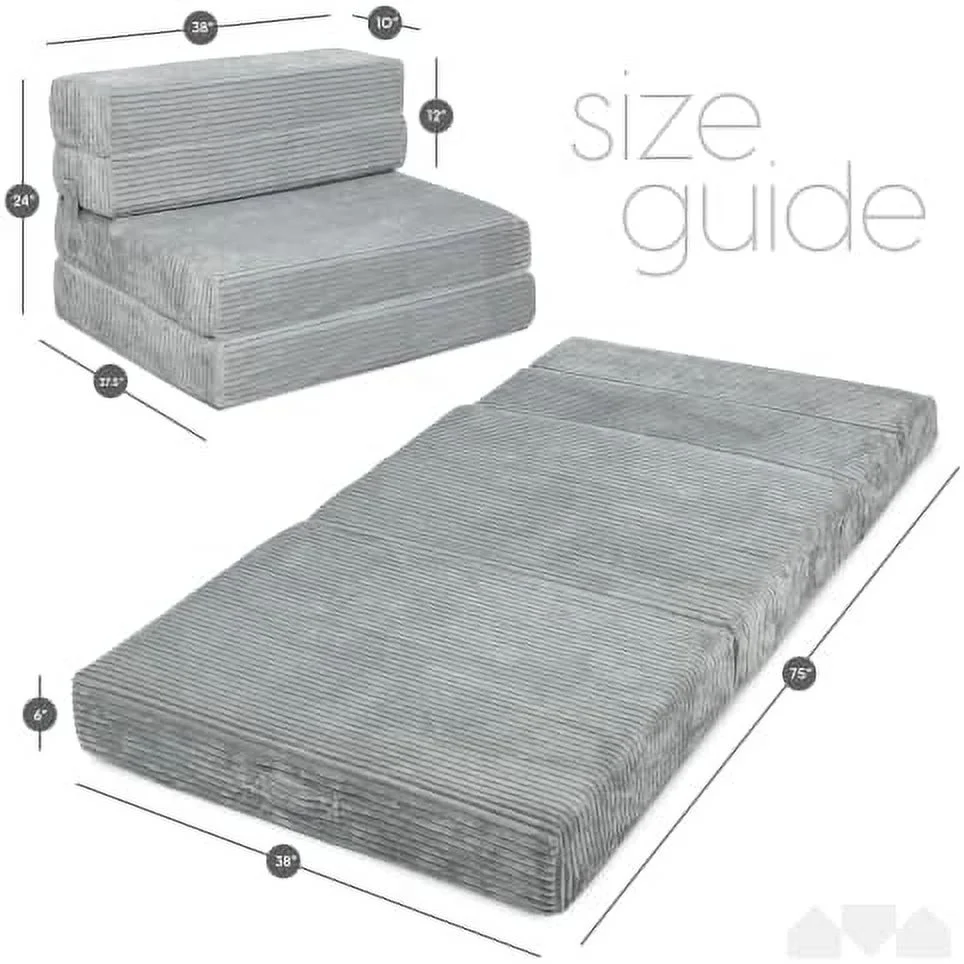 YZboomLife Tri Folding Sofa Mattress  2024 Edition  Memory Foam Foldable Mattress with Ultra Soft & Washable Ribbed Fur Cover  Twin Size (Grey)