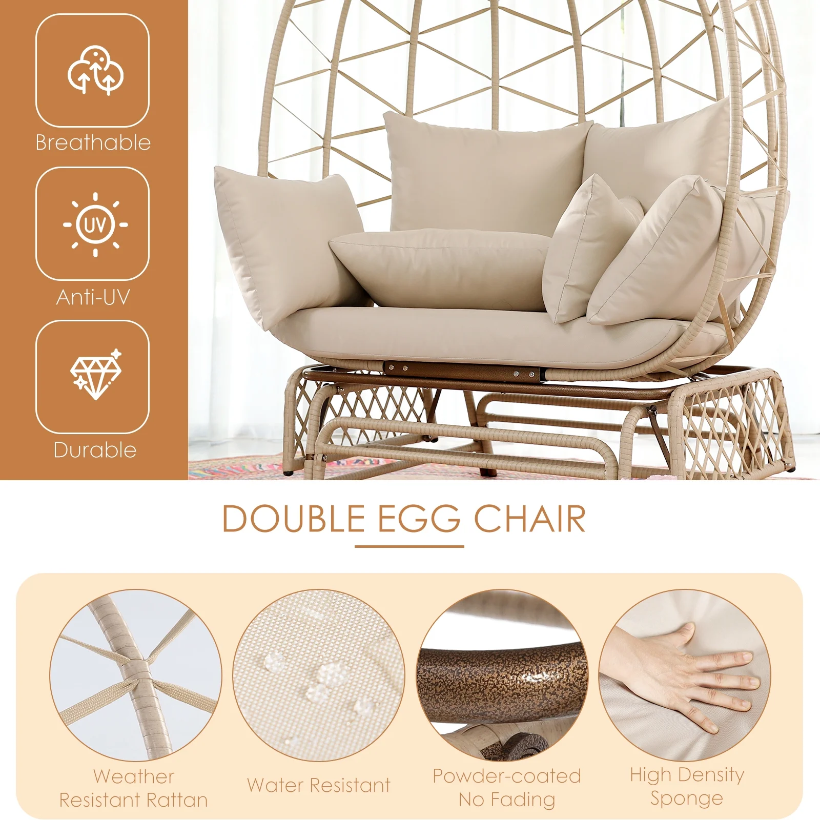 NICESOUL Double Wicker Rocking Egg Chair Indoor Outdoor Oversized Egg Basket Lounge Chair for 2 Persons with Legs, Patio Egg Chair with Thick Cushions 500lbs Egg Shaped Loveseat Bedroom(Beige)