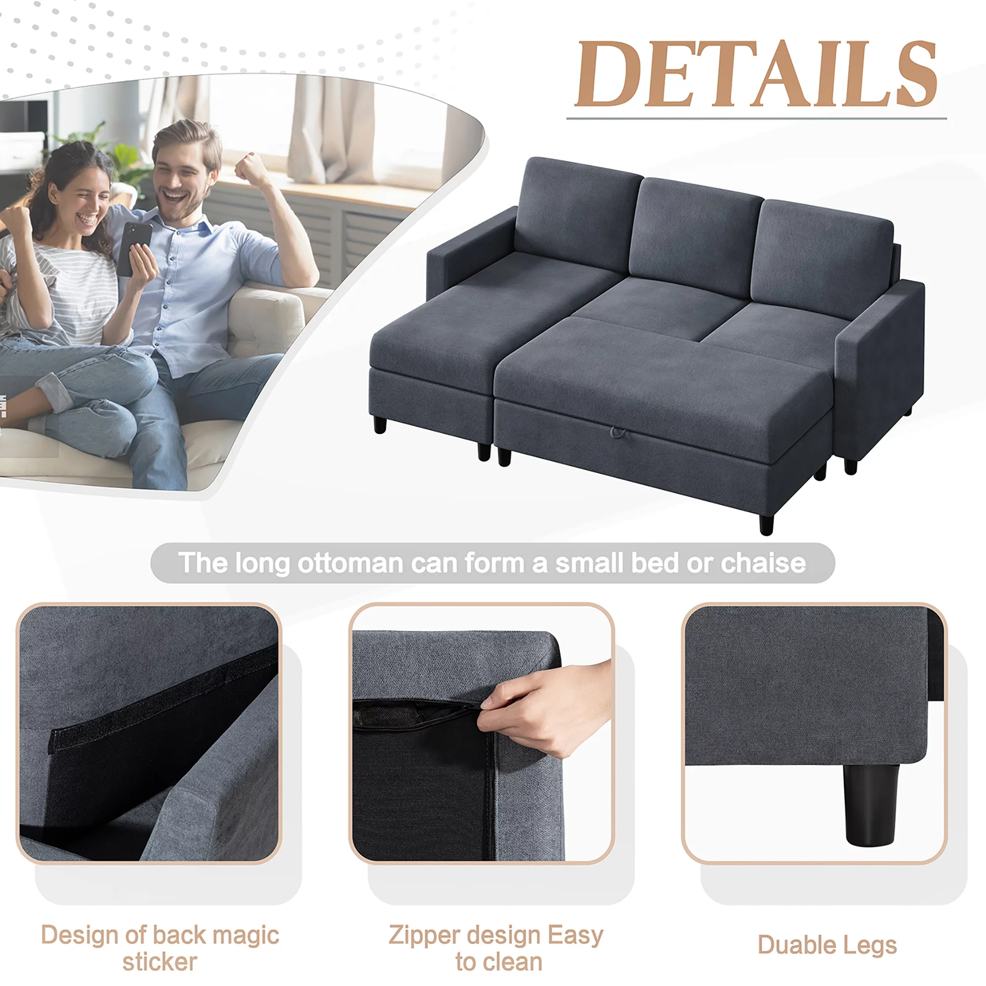 Convertible Sectional Sofa Couch with Storage Ottoman, L-Shaped Wide Reversible Chaise with Linen Fabric(Deep Grey)