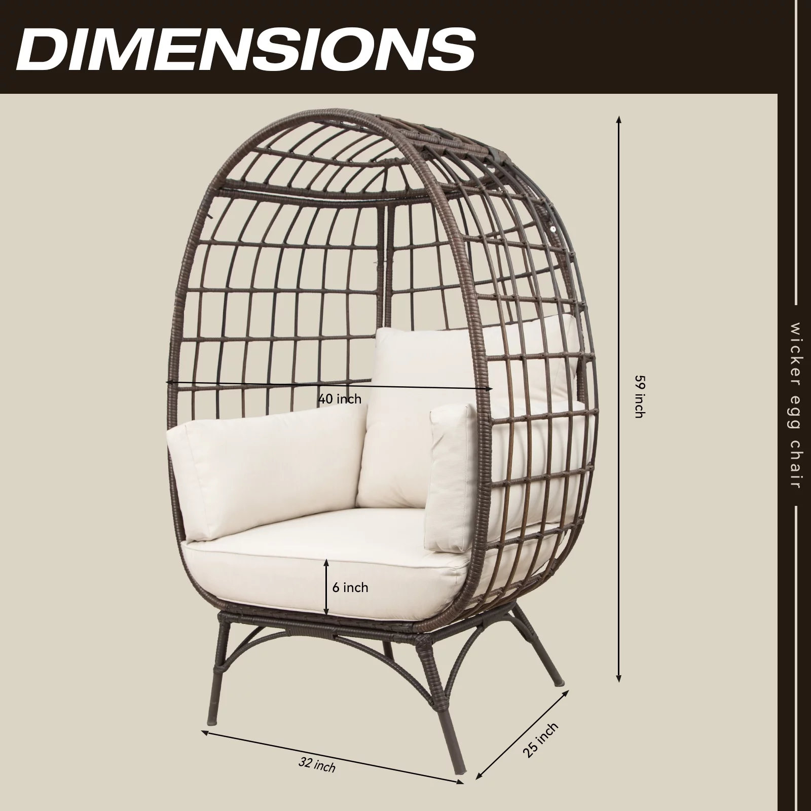 MeetLeisure Patio Brown Wicker Indoor/Outdoor Egg Lounge Chair with Beige Cushions