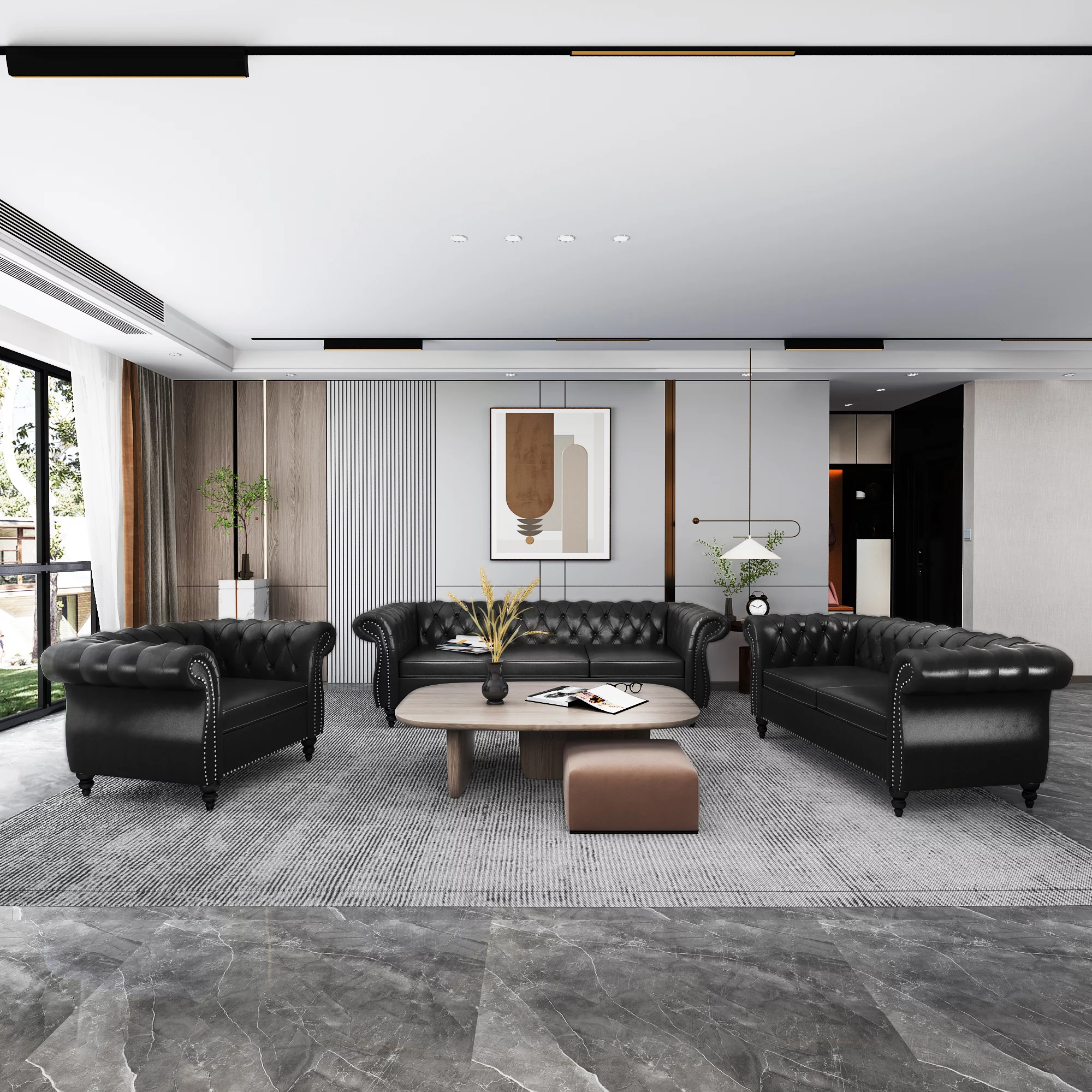 Yocwo Faux leather Couches Set for Living Room,3 Piece Sofa with Including Three Seat Sofa, Loveseat and Single Chair for Apartment Furniture Set (Black)