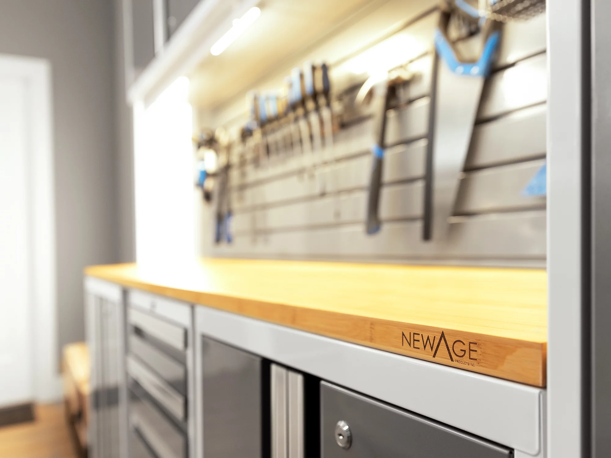 NewAge Products Bold Series Platinum 8 Piece Cabinet Set, Heavy Duty 24-Gauge Steel Garage Storage System, LED Lights Included