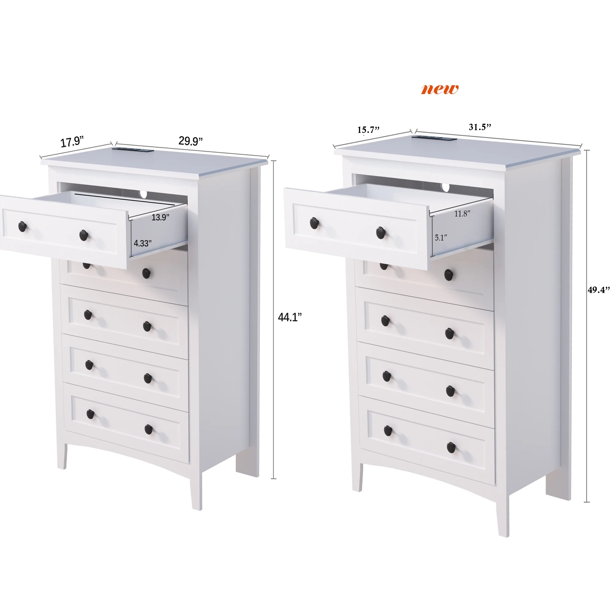 HAIOOU 5 Drawer White Dresser with Power Outlets, Wooden Vertical Dressers for Bedroom Large Storage Chests of Drawers with Hidden Drawer Compartment for Living Room, Closet, Entryway, Hallway