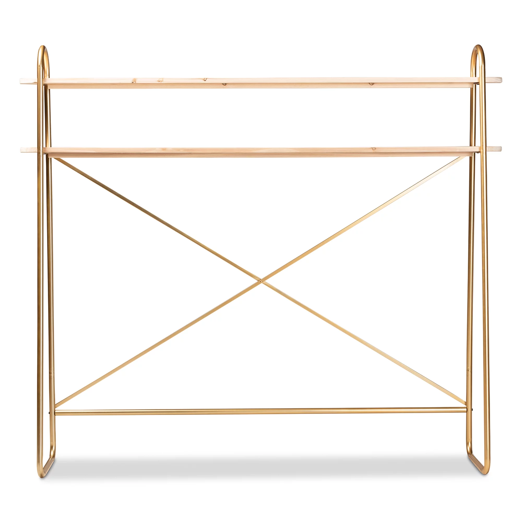 Baxton Studio Merida Glam and Luxe Brushed Gold Finished Metal and Natural Brown Finished Wood 2-Tier Over Bed Queen Size Storage Display Shelf