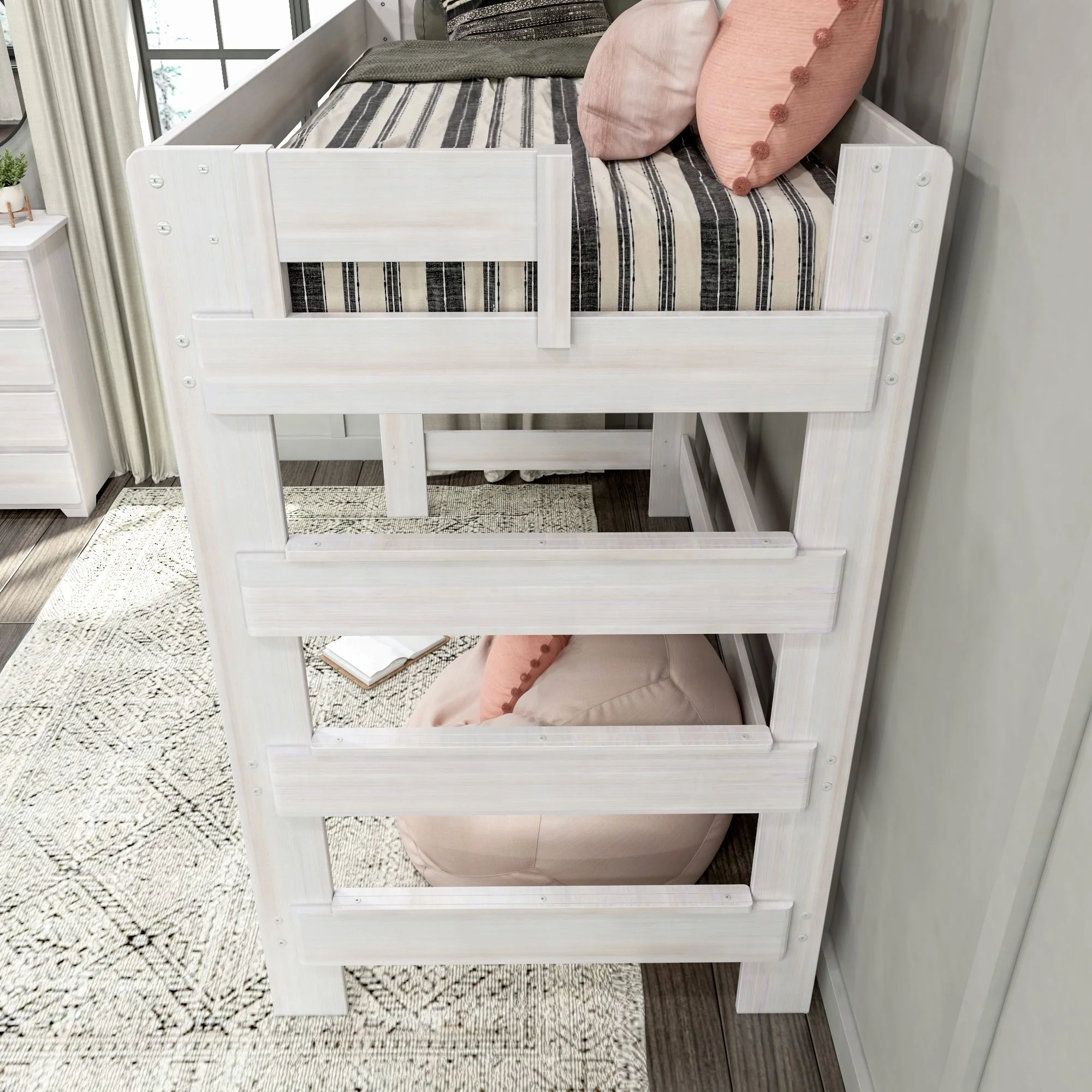 Max & Lily Modern Farmhouse High Loft Bed, Solid Wood Twin Loft Bed Frame for Kids, White Wash