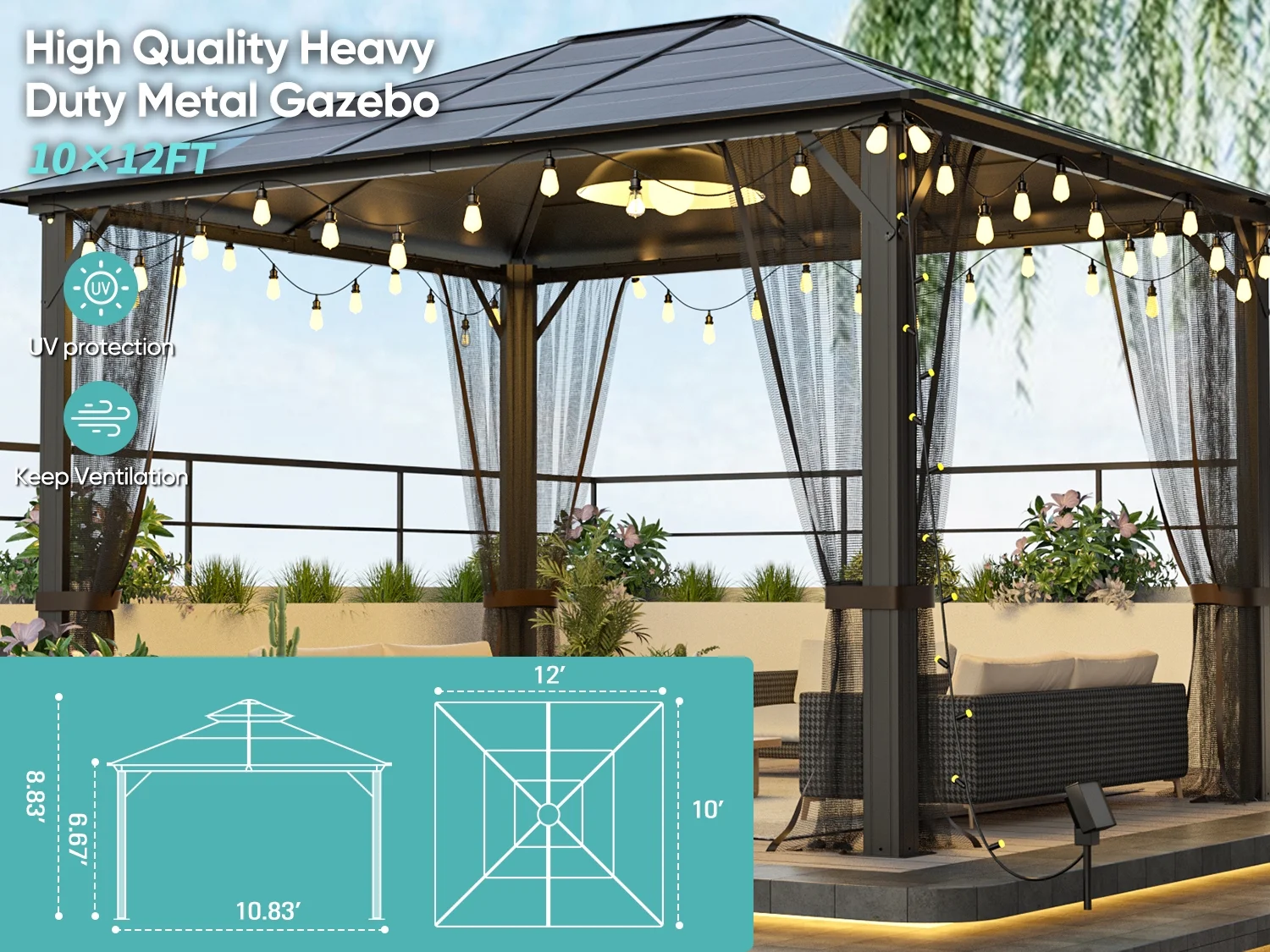 10x12 Hardtop Metal Gazebo Heavy Duty Pergola with Mosquito Nets Galvanized Steel&Polycarbonate Roof Sturdy Outdoor Canopies Tent Suitable for Gardens Patio Backyard