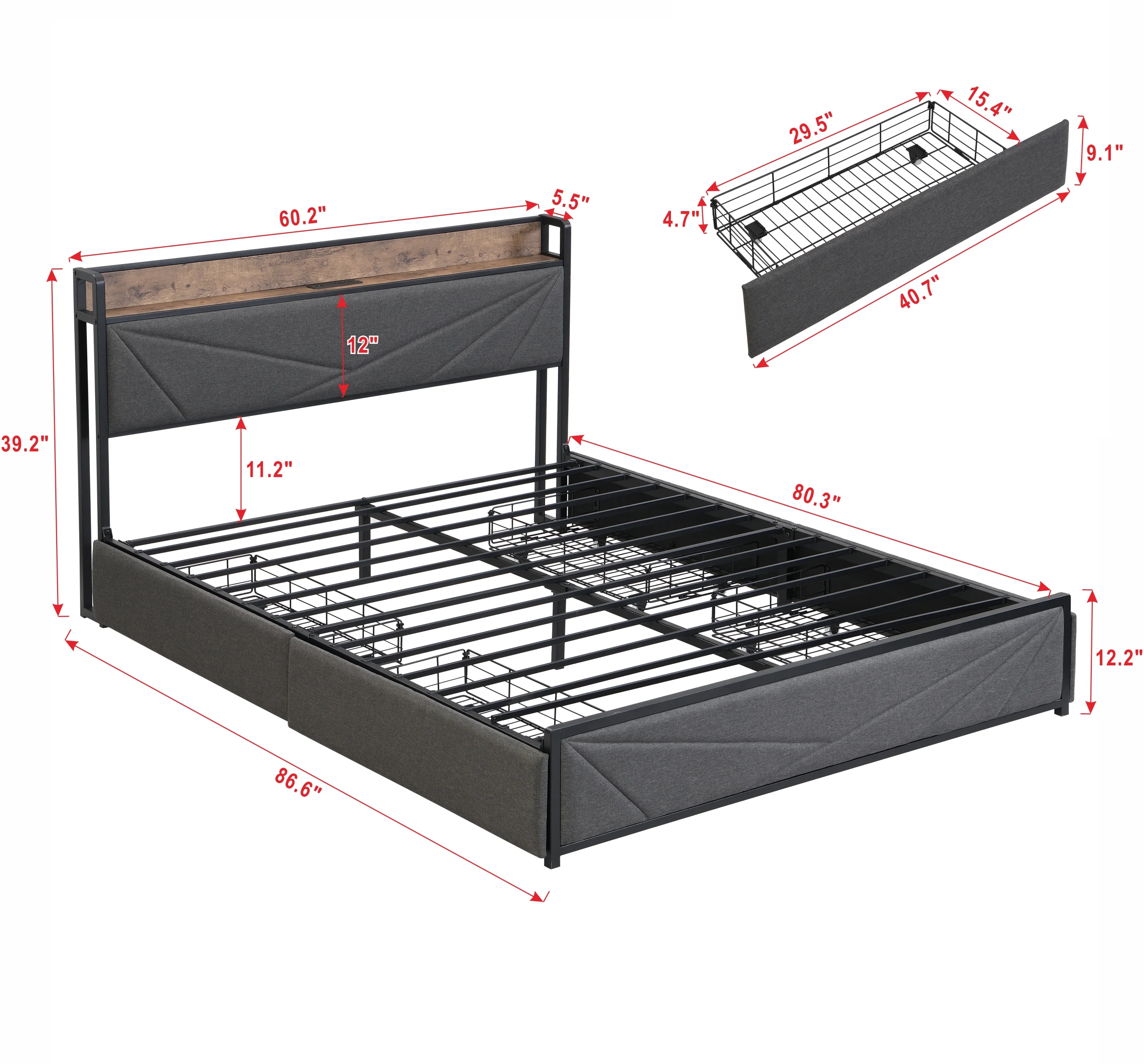 CoSoTower Queen Bed Frame, Storage Headboard with Charging Station, Solid and Stable, Noise Free, No Box Spring Needed, Easy Assembly