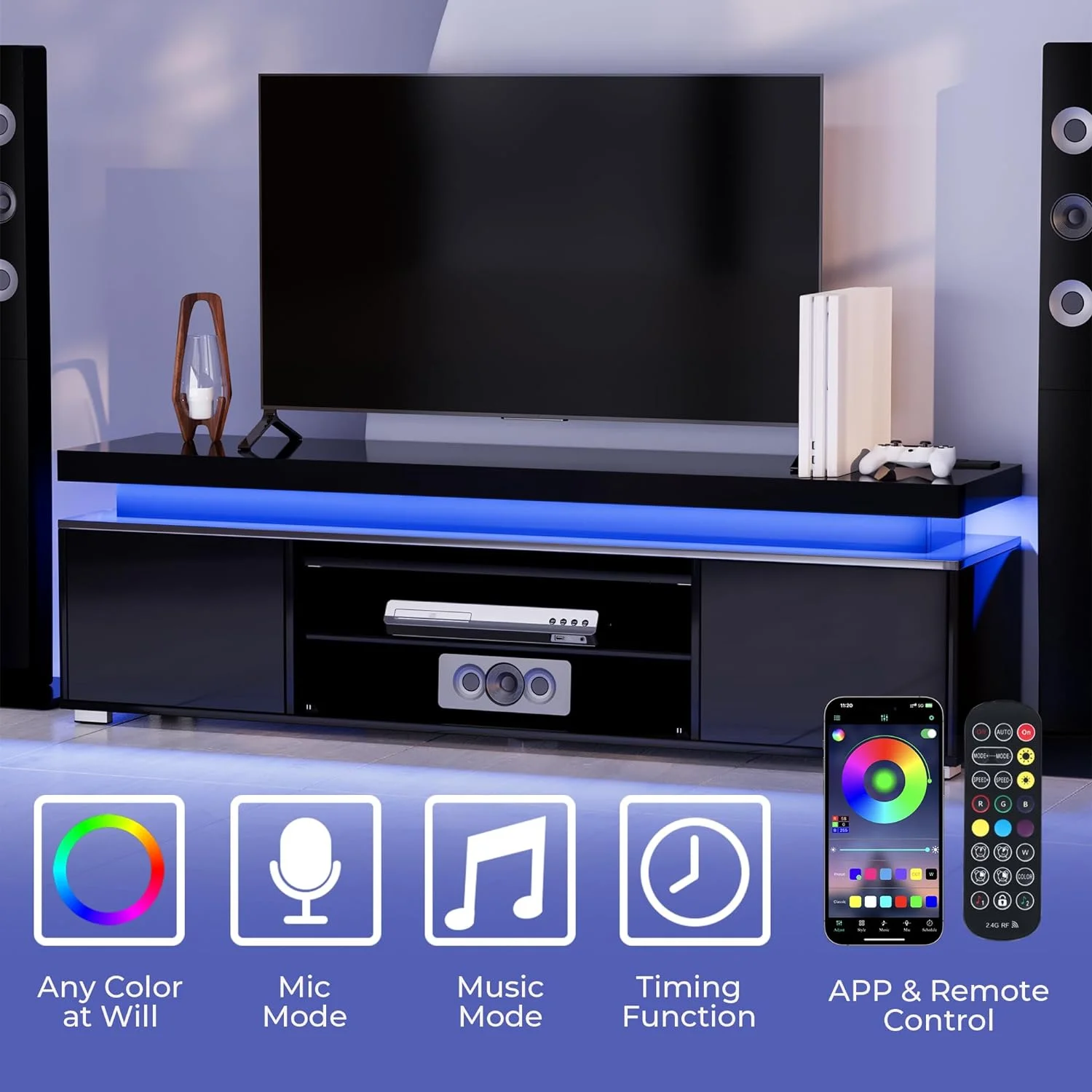 RUNFAYBIU LED TV Stand Black High Gloss for 55/65/70/75 inch TV  Modern Entertainment Center with   Gaming TV Stand  Media Console with Lights  Power Outlet  Adjustable   Living Room  Bed