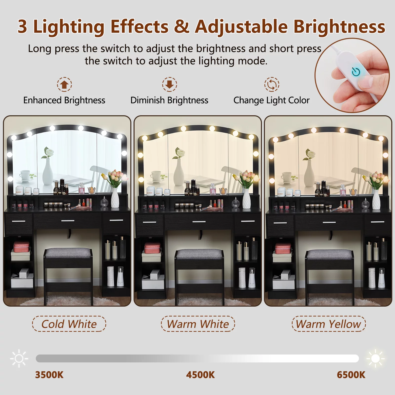 USIKEY Large Vanity Set with Large Lighted Mirror, Modern Makeup Vanity Table with 3 Drawers, 2 Storage Cabinets & 10 LED Bulbs, BlackYSZT32HD