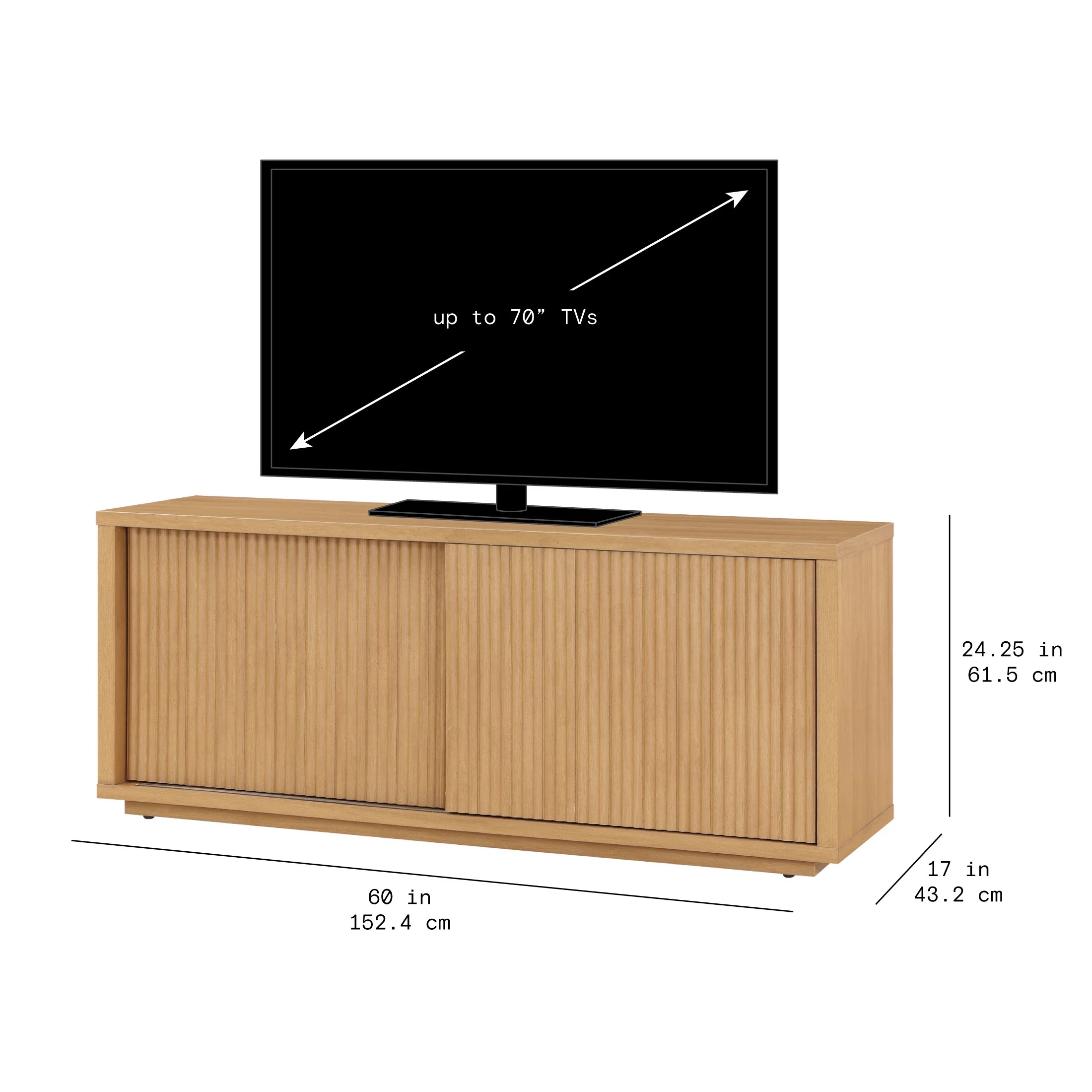 Beautiful Fluted TV Stand for TV’s up to 70” by Drew Barrymore, Warm Honey Finish