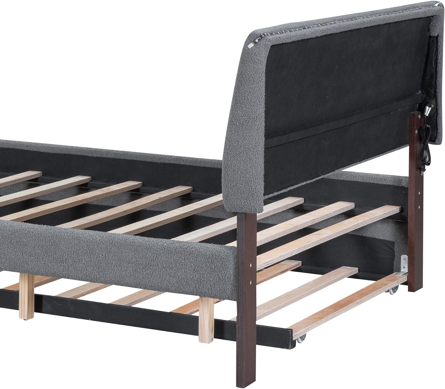 Teddy Fleece Full Size Upholstered Platform Bed with Trundle, Wood Bed Frame with Upholstered Headboard, LED Bed Frame for Bedroom, No Box Spring Needed, Easy Assembly