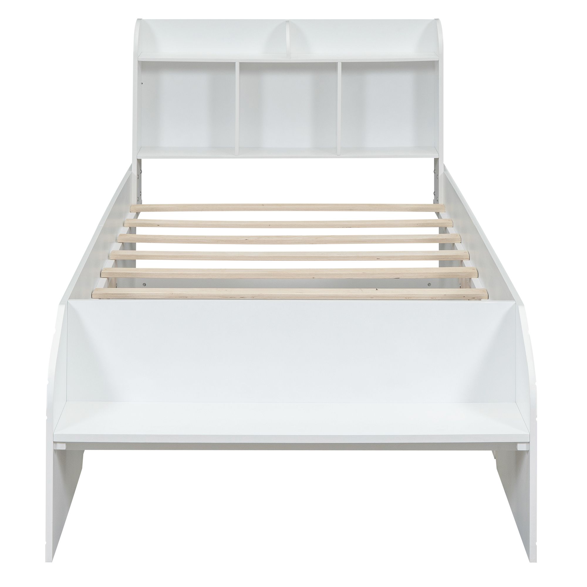 Solid Wood Bed Frame with 2 Drawers, Storage Headboard and Footboard, Platform Bed Frame, Mid Century Bedframe, Multi-Storage Space Wood Foundation(White, Twin)