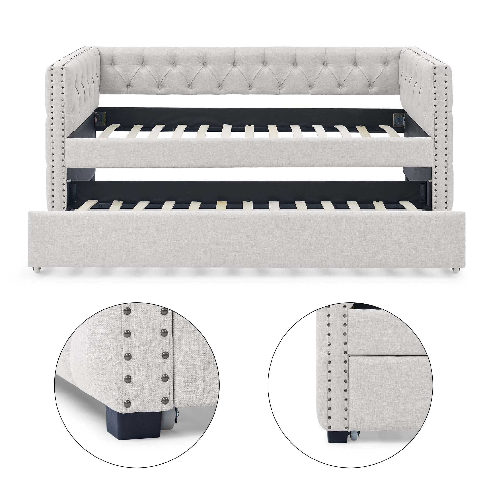 Aukfa Upholstered Daybed with Trundle, Twin Daybed, Button Tufted, Nailhead Trim - Beige