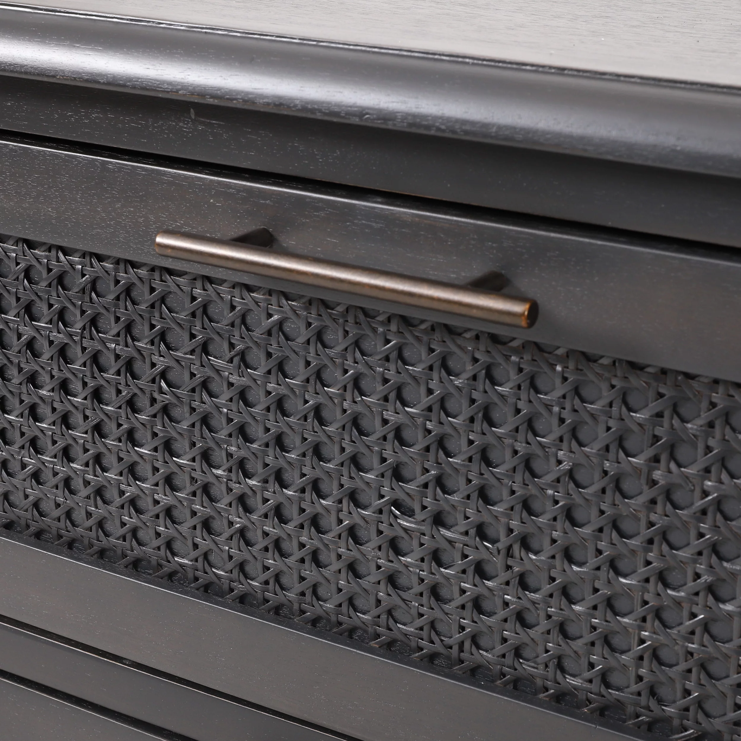 GDF Studio Pollards Rustic Acacia Wood and Cane 3 Drawer Dresser, Dark Gray