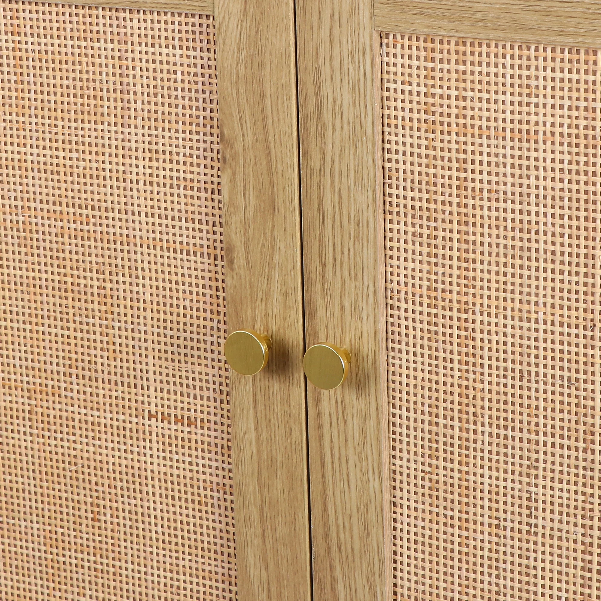 Eumyviv  Rattan Storage Cabinet with 2 Door, Farmhouse Sideboard Tall Storage Cabinet for Living Room Entryway, Oak H0030