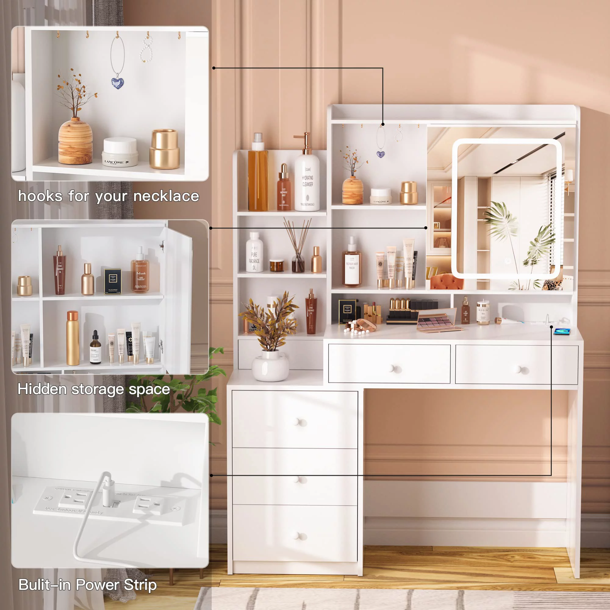 Veanerwood Vanity Table with Mirror and Lights, Modern Makeup Vanity Desk with Drawers and Power Strip, Bedroom Dressing Table, 43.3in, White