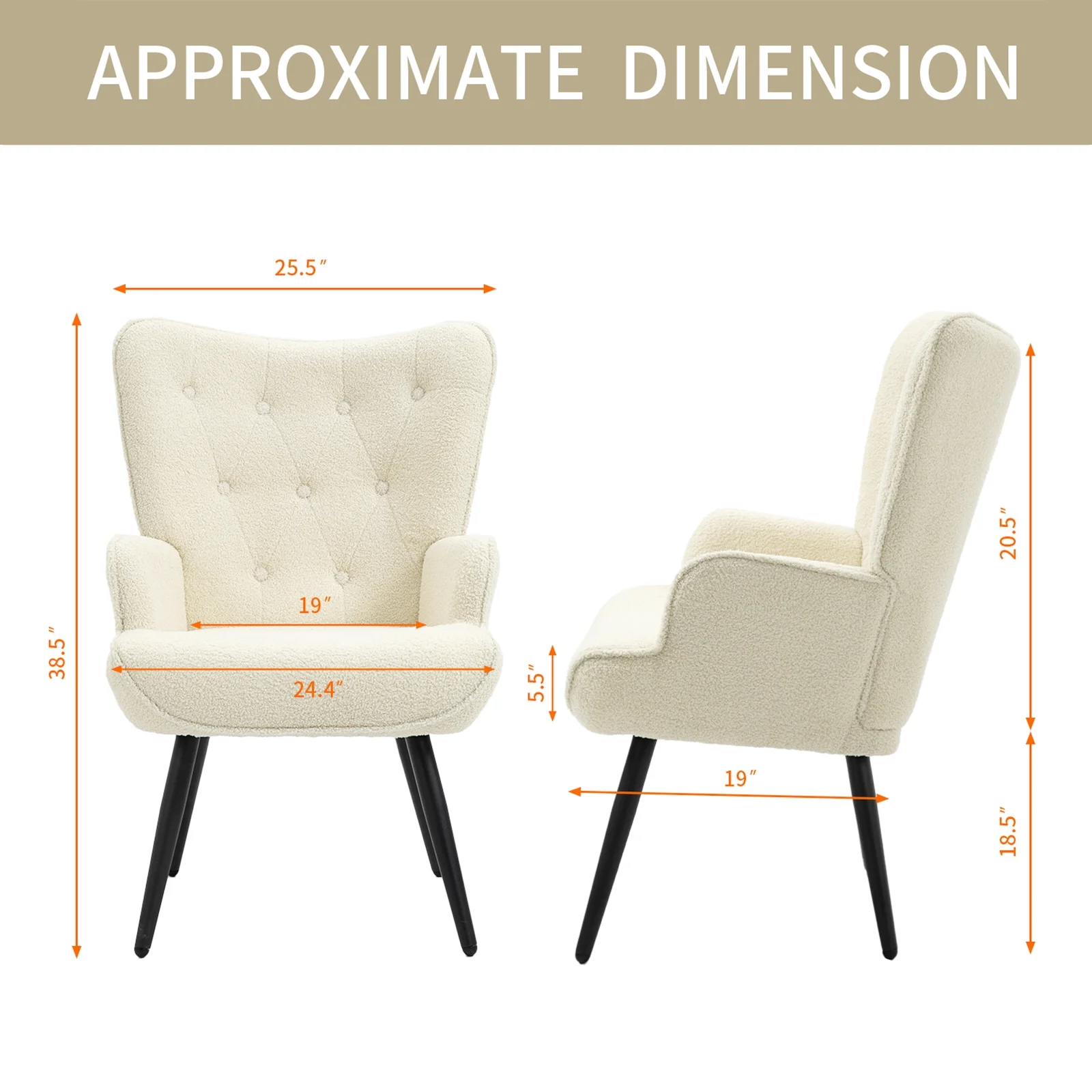 Furniliving Tufted Button Wingback Chair Upholstered Sherpa Accent Chair with Wide Arm Modern Leisure Club Chair, Lvory white