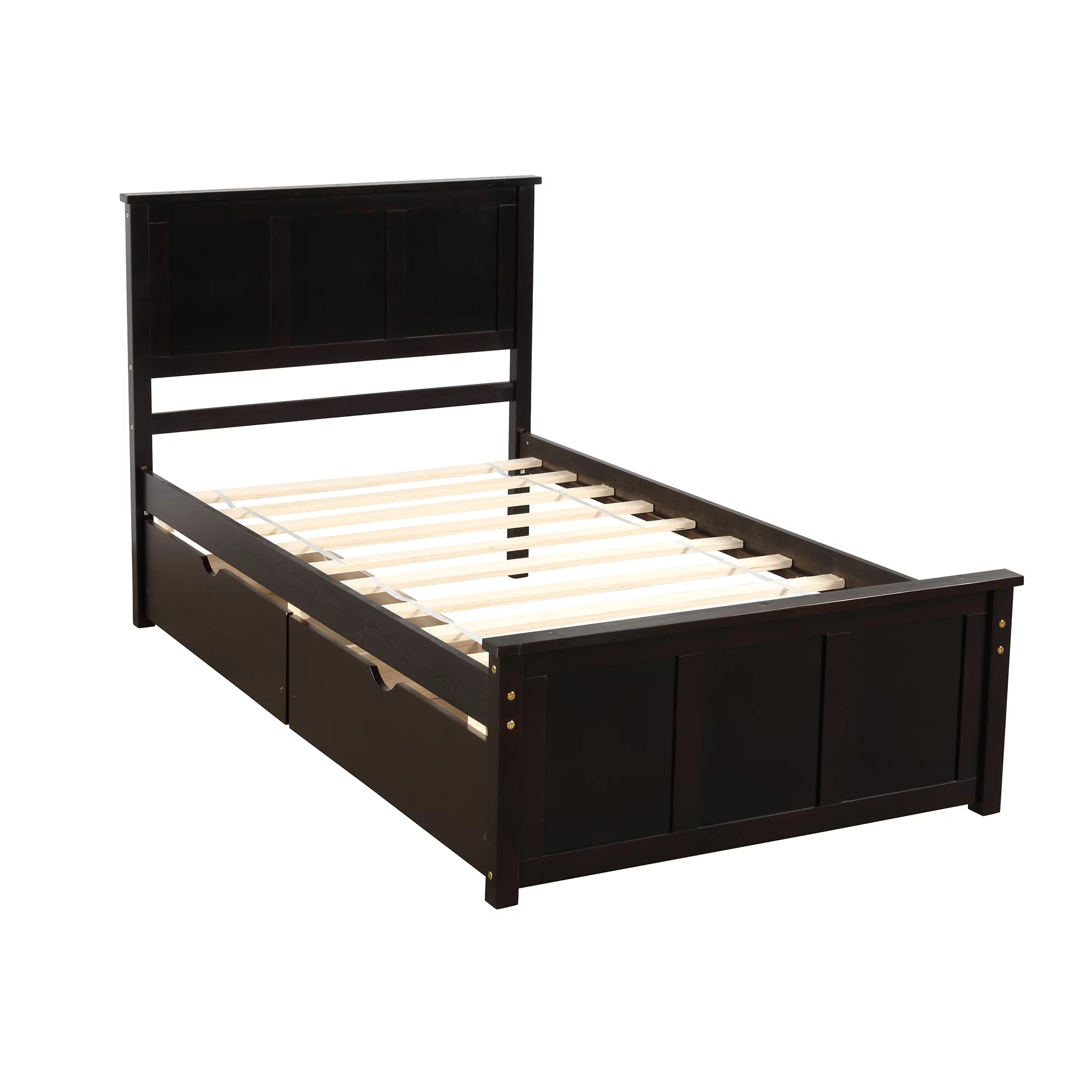 Euroco Wood Twin Platform Bed with Headboard & 2 Storage Drawers for Kids, Espresso