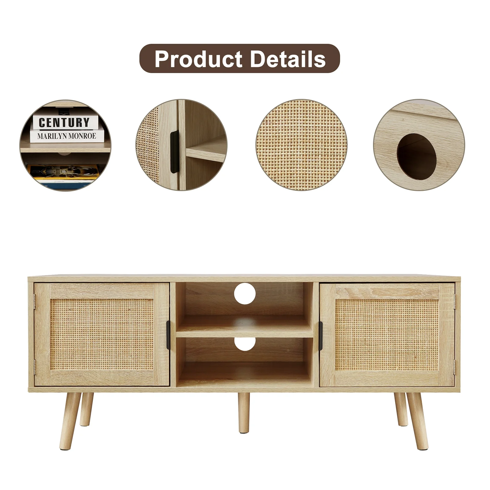 Eumyviv Farmhouse TV Stands for 55 Inch TV,Wood Media Entertainment Center Cabinet Console Table with 2 Rattan Doors, Natural Oak, H0015