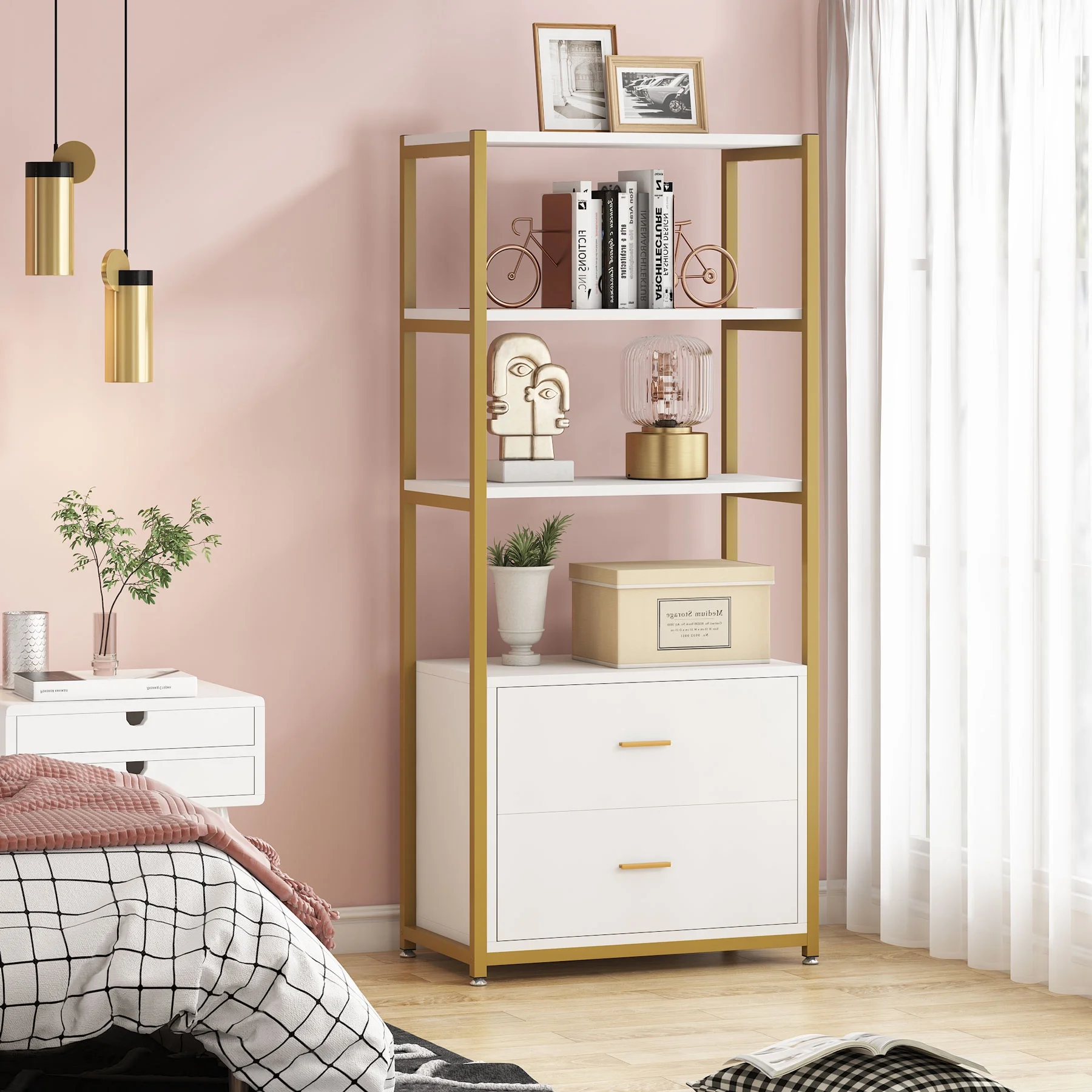 Tribesigns Bookcase, 4-Tier Bookshelf with 2 Drawers for Home Office (Gold/White)