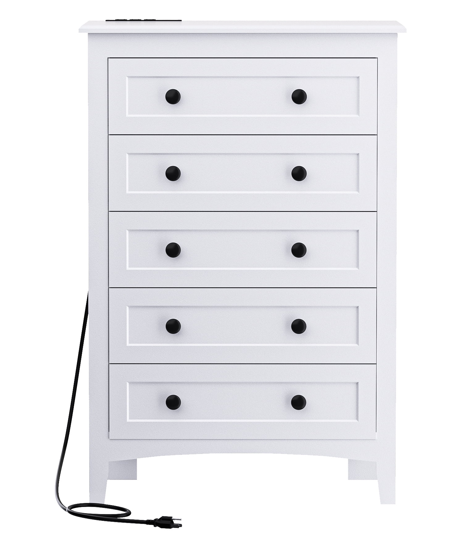 HAIOOU 5 Drawer White Dresser with Power Outlets, Wooden Vertical Dressers for Bedroom Large Storage Chests of Drawers with Hidden Drawer Compartment for Living Room, Closet, Entryway, Hallway