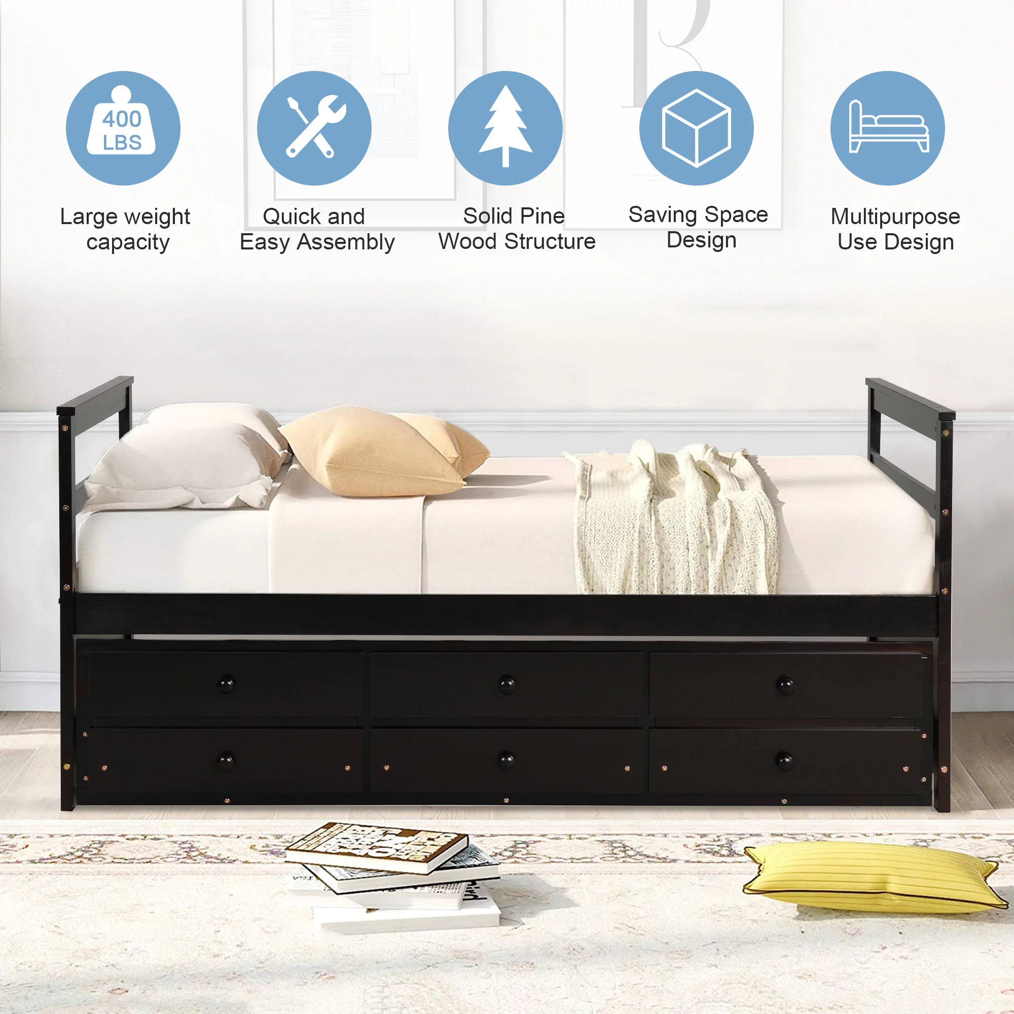 Superjoe Twin Trundle Bed with 3 Drawers Captain Bed Daybed, Wood Frame with Storage, Great for Kids Teens Guests, Brown