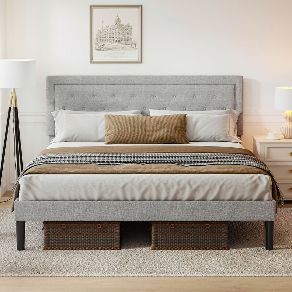 Light Grey Bed Frame With Adjustable Border Headboard Queen Size