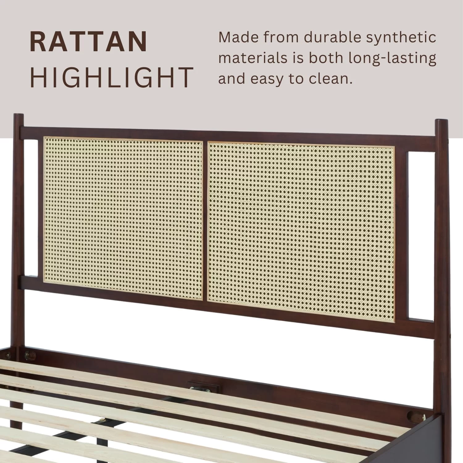 Bme Oliver 15 Inch Signature Bed Frame with Rattan Headboard - Bohemian & Mid Century Style - Acacia Wood - 12 Strong Wood Slat Support - Easy Assembly - No Box Spring Needed - Walnut, Queen