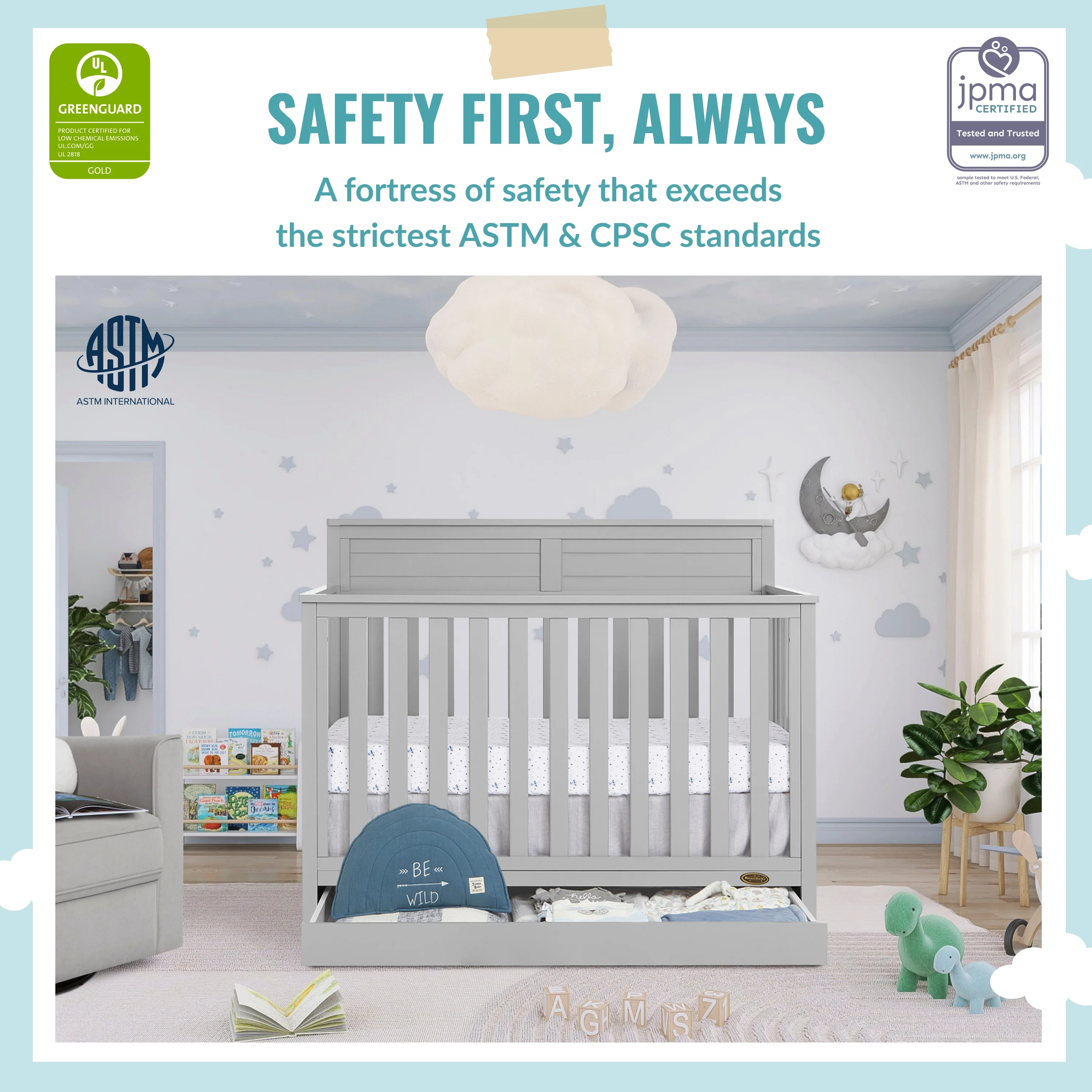 Dream On Me Reign 5 in 1 Convertible Crib with Under Drawer in Pebble Gray