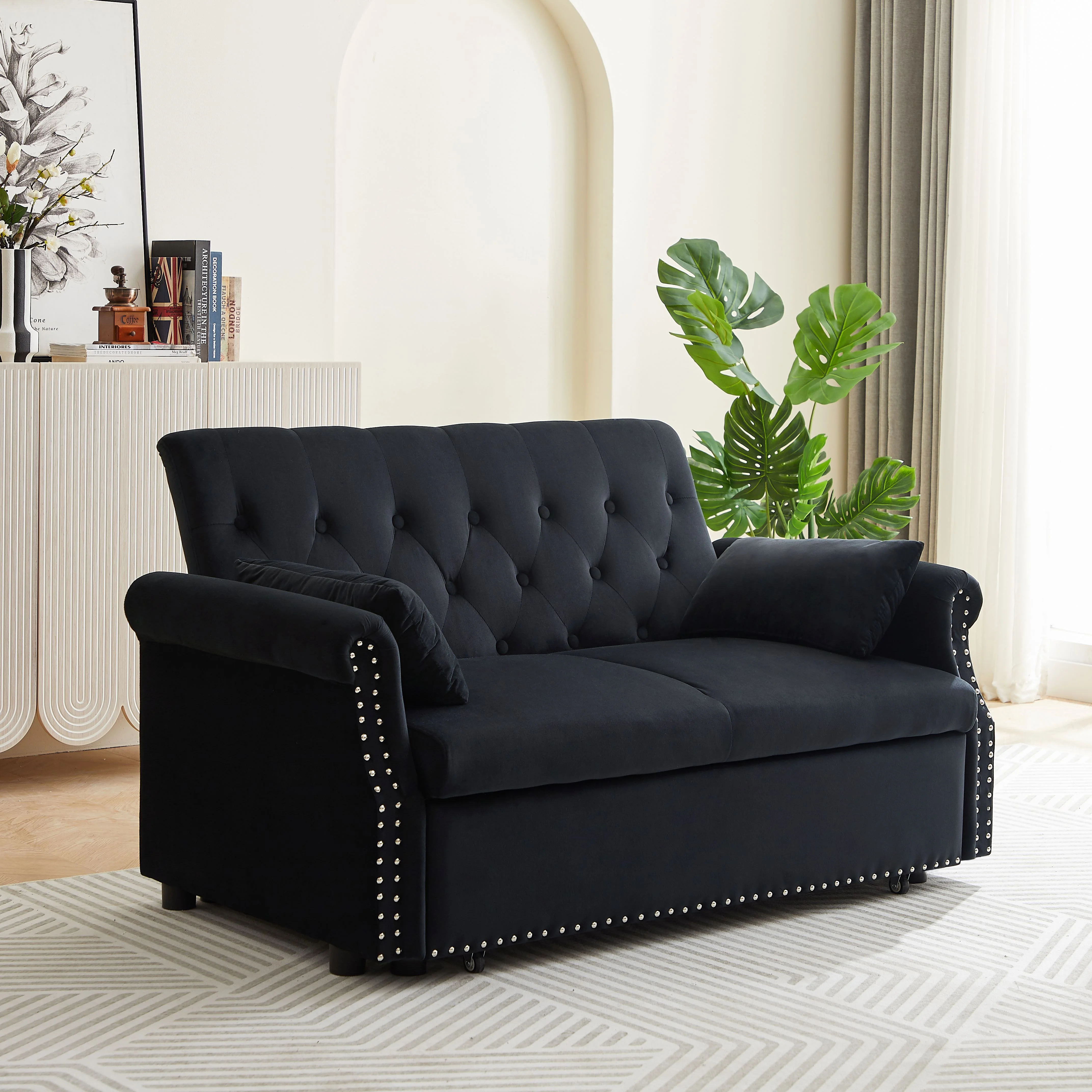 Modern Pull Out Convertible Sleeper Sofa Bed, Velvet Folding Futon Couch Loveseat Recliner with Adjsutable Backrest Pillows for Living Room Bedroom Apartment Office