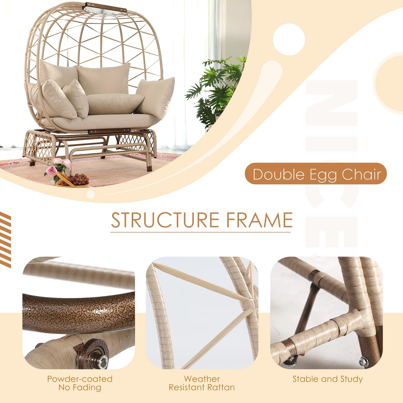 NICESOUL Double Wicker Rocking Egg Chair Indoor Outdoor Oversized Egg Basket Lounge Chair for 2 Persons with Legs, Patio Egg Chair with Thick Cushions 500lbs Egg Shaped Loveseat Bedroom(Beige)