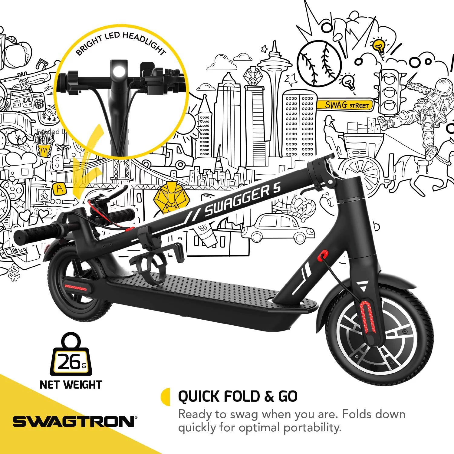Swagtron Adult Electric Scooter Swagger 5 Boost, 320 lb Weight limit, 8.5 Inch No-flat Tires, 300W Motor, Folding, 18 mph, Enhanced Long Range (Recertified)