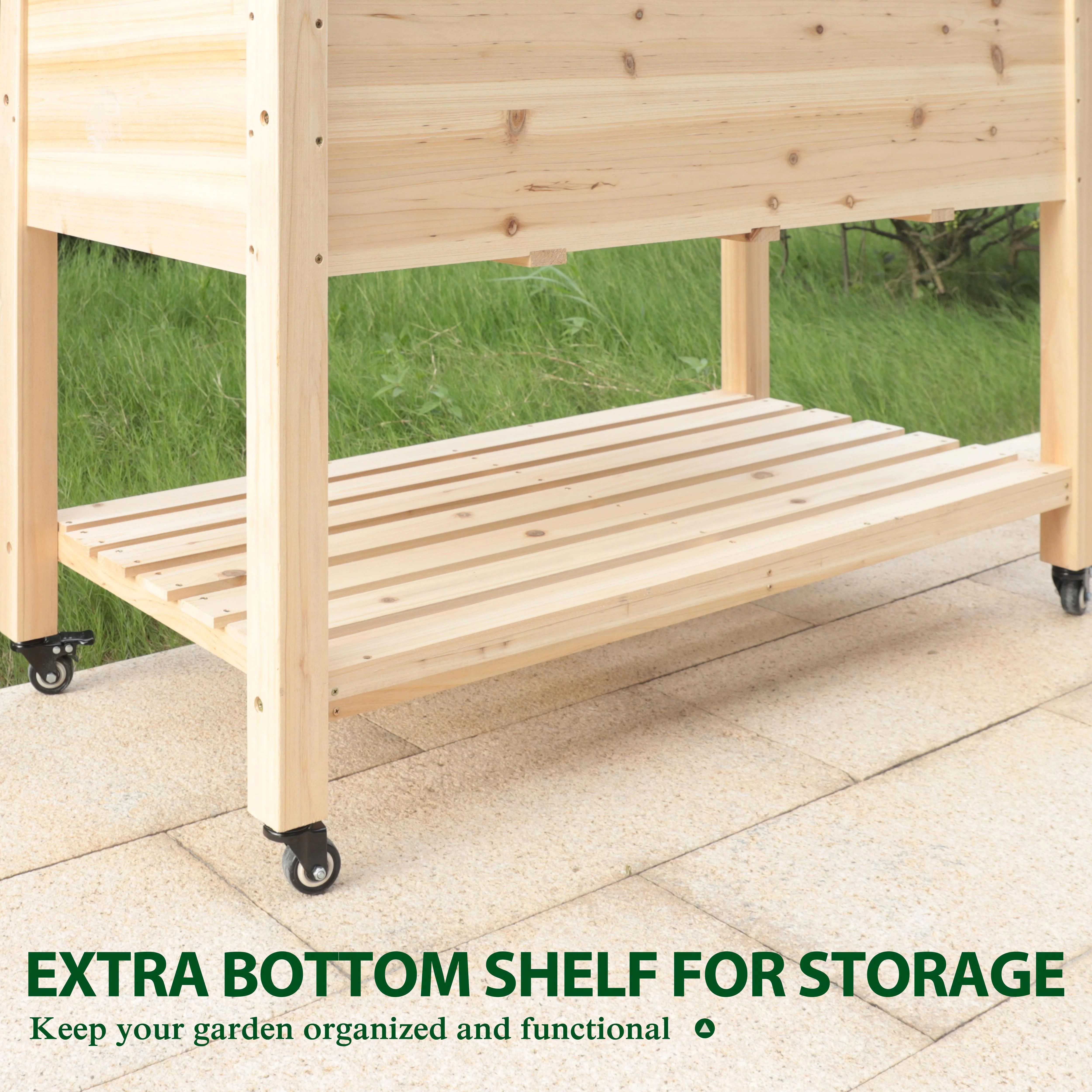 VEIKOUS Raised Garden Bed, 47''L x 22''W x 33''H Elevated Wood Planter W/ Wheels and Storage Shelf for Herbs and Vegetables