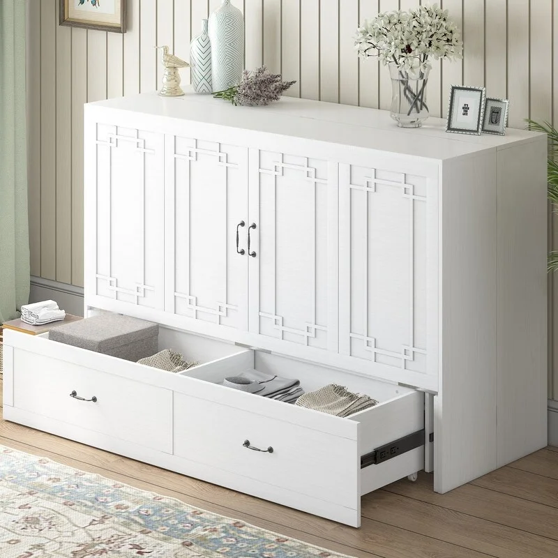 Mixoy Murphy Bed with Mattress,Foldable Space-Saving Cube Cabinet Bed White - Queen